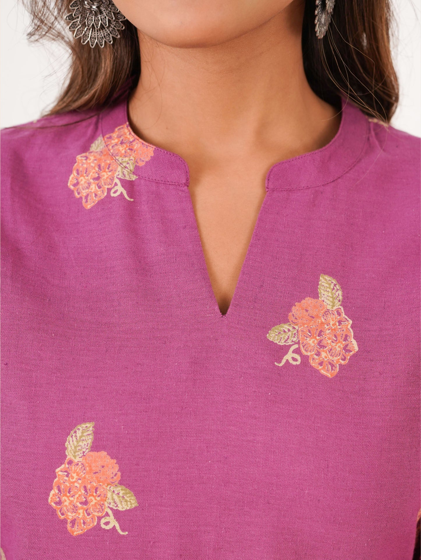 Linen Cotton Placement Print Straight Purple Kurta