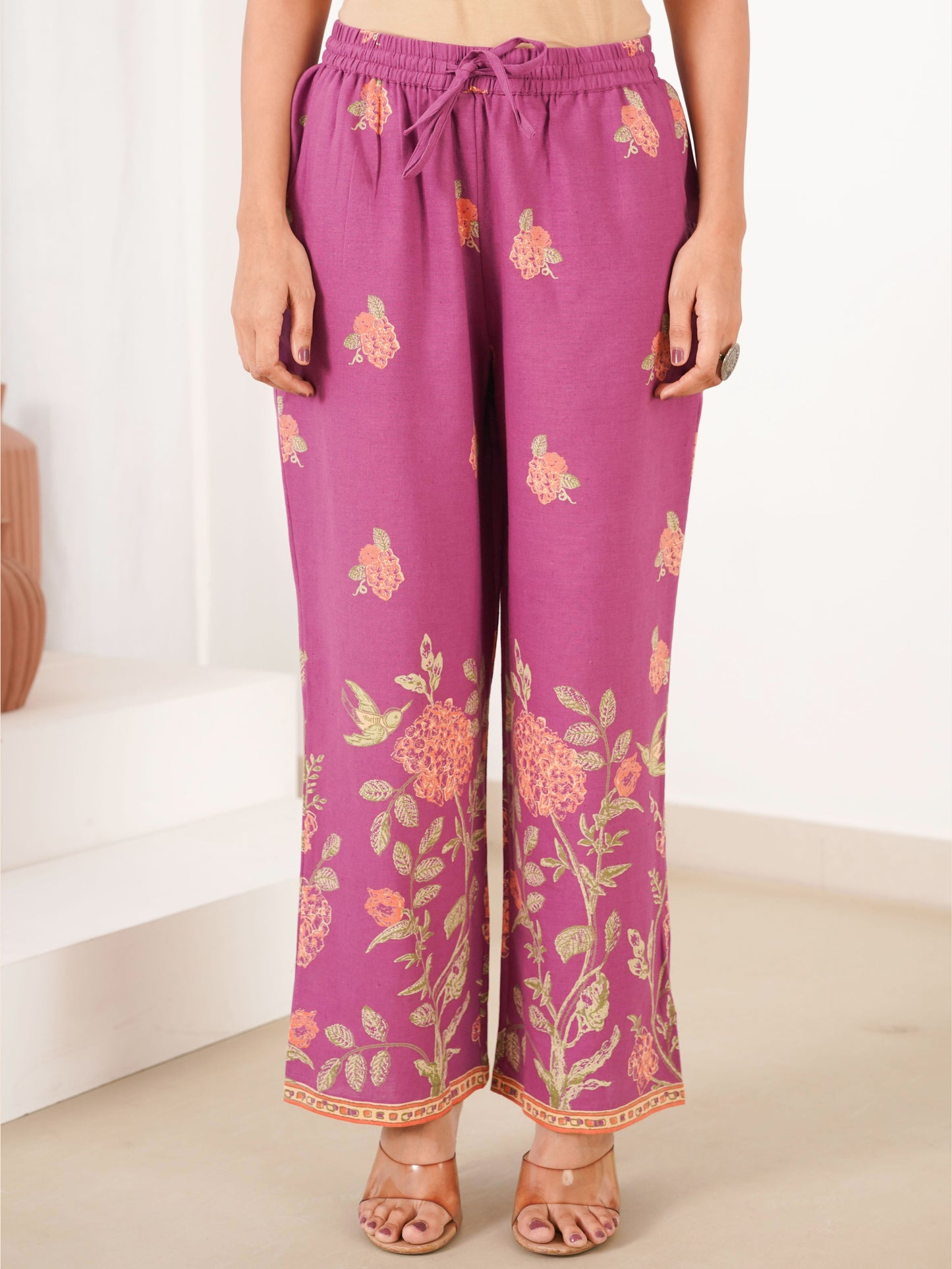 Linen Cotton Placement Print Straight Purple Kurta
