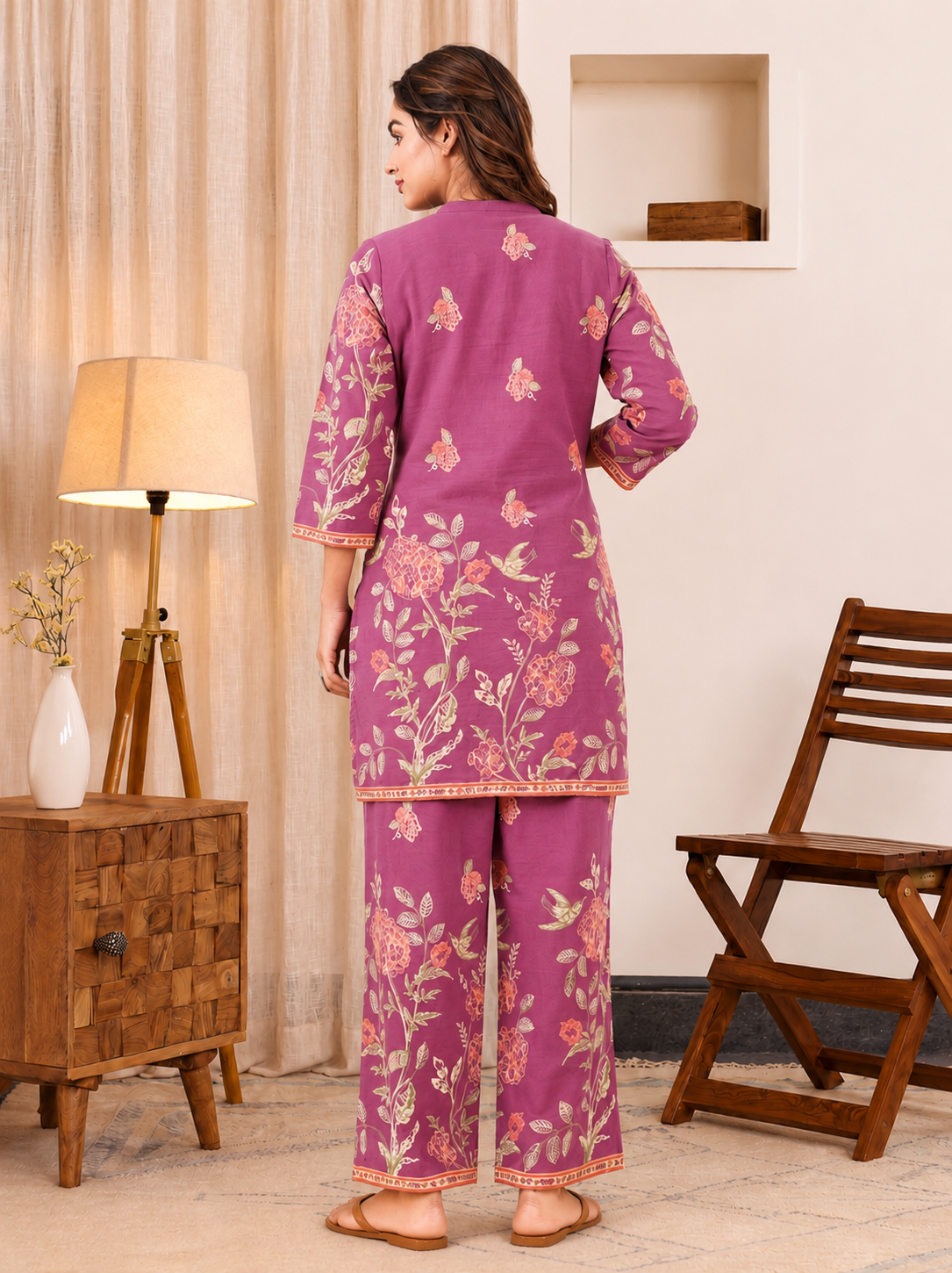 Linen Cotton Placement Print Straight Purple Kurta
