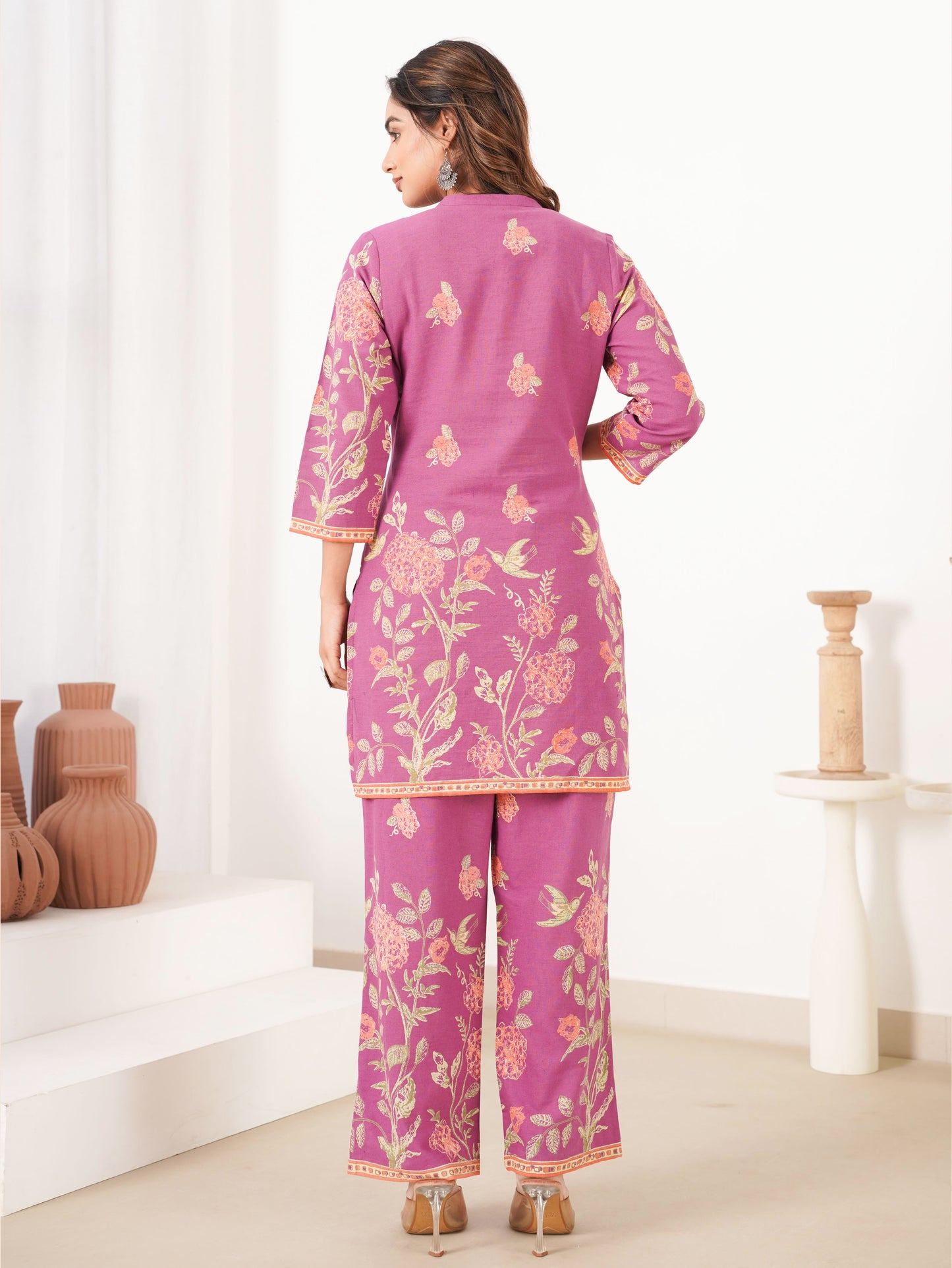 Linen Cotton Placement Print Straight Purple Kurta