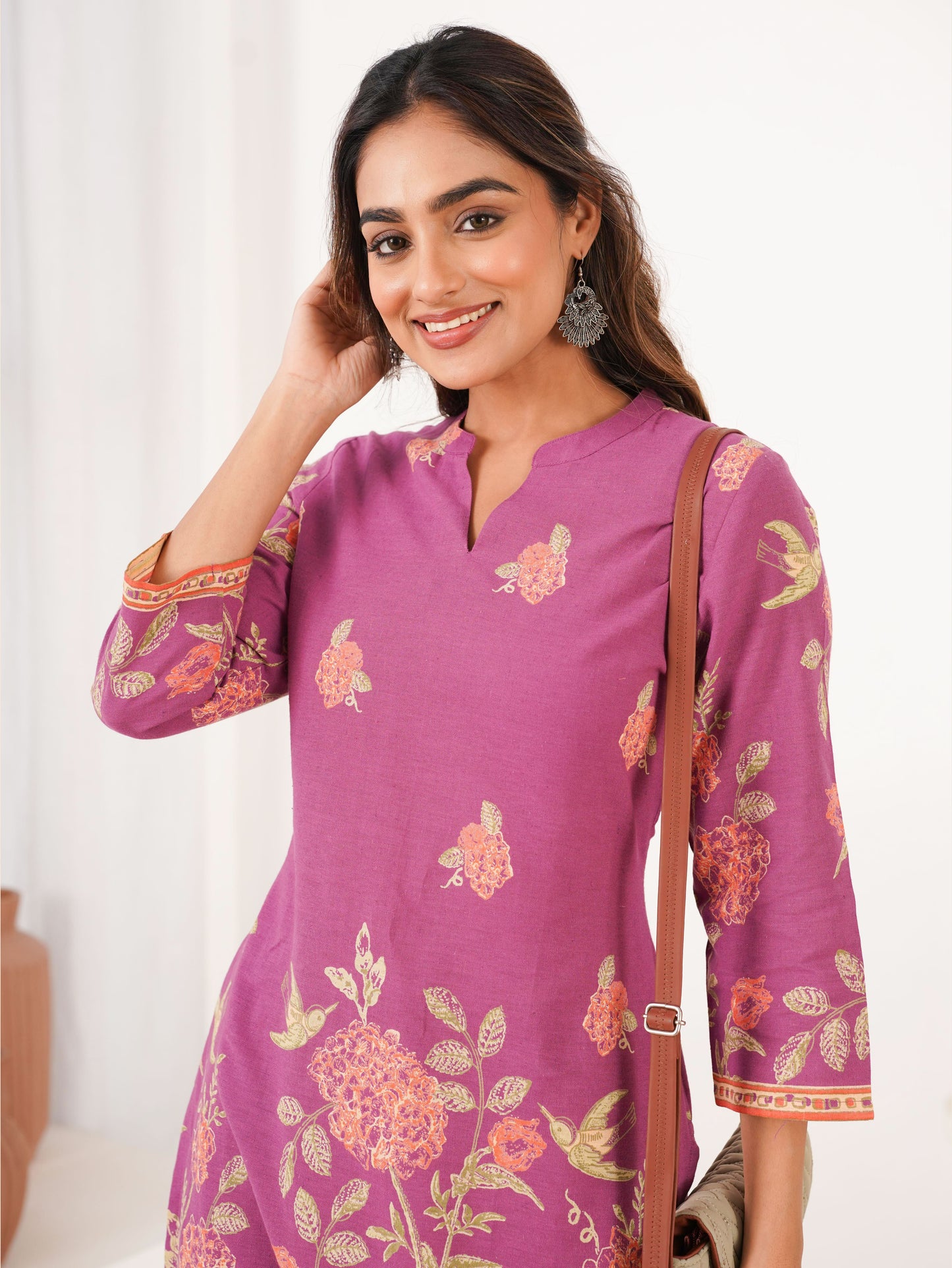 Linen Cotton Placement Print Straight Purple Kurta