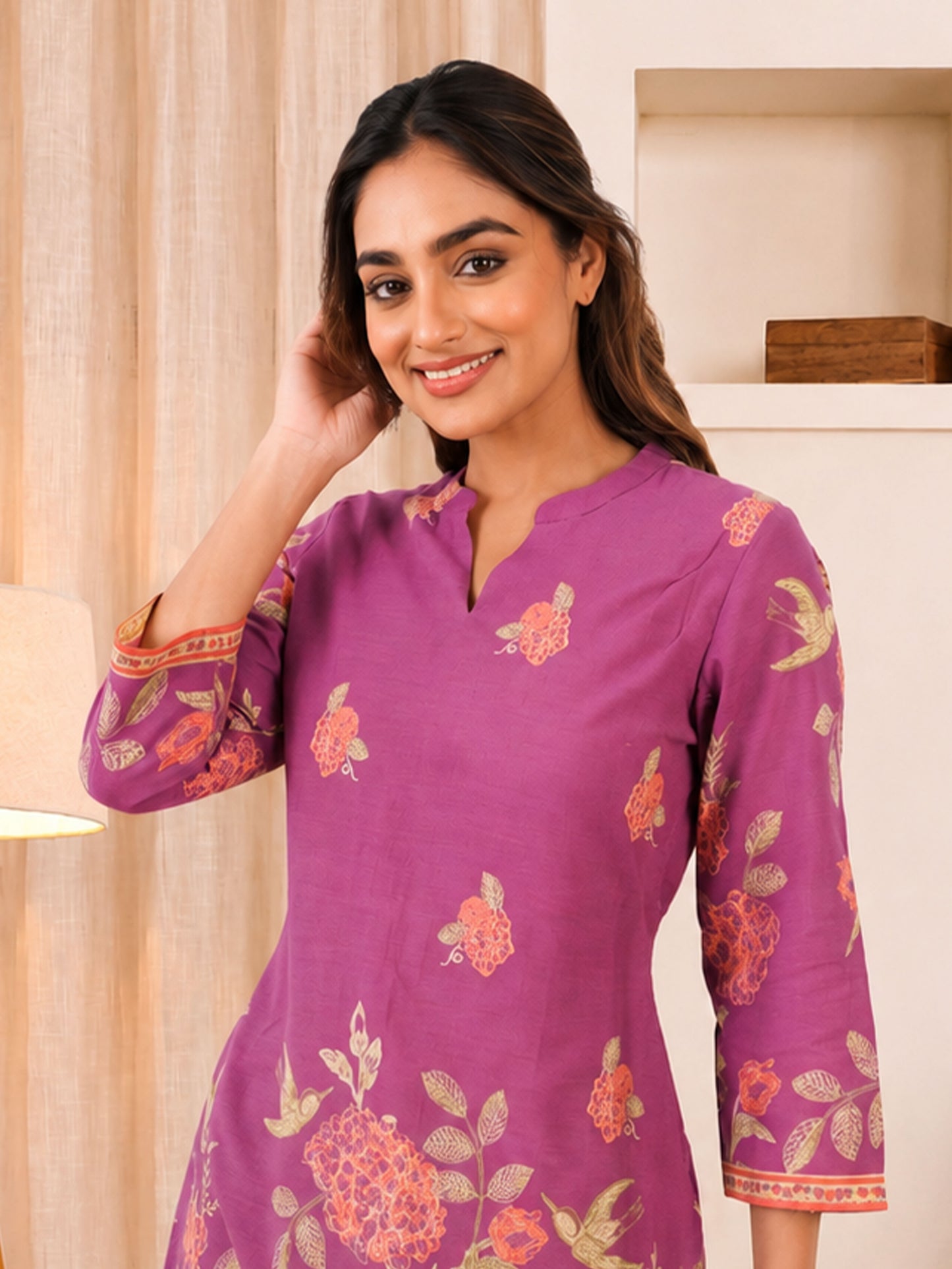 Linen Cotton Placement Print Straight Purple Kurta