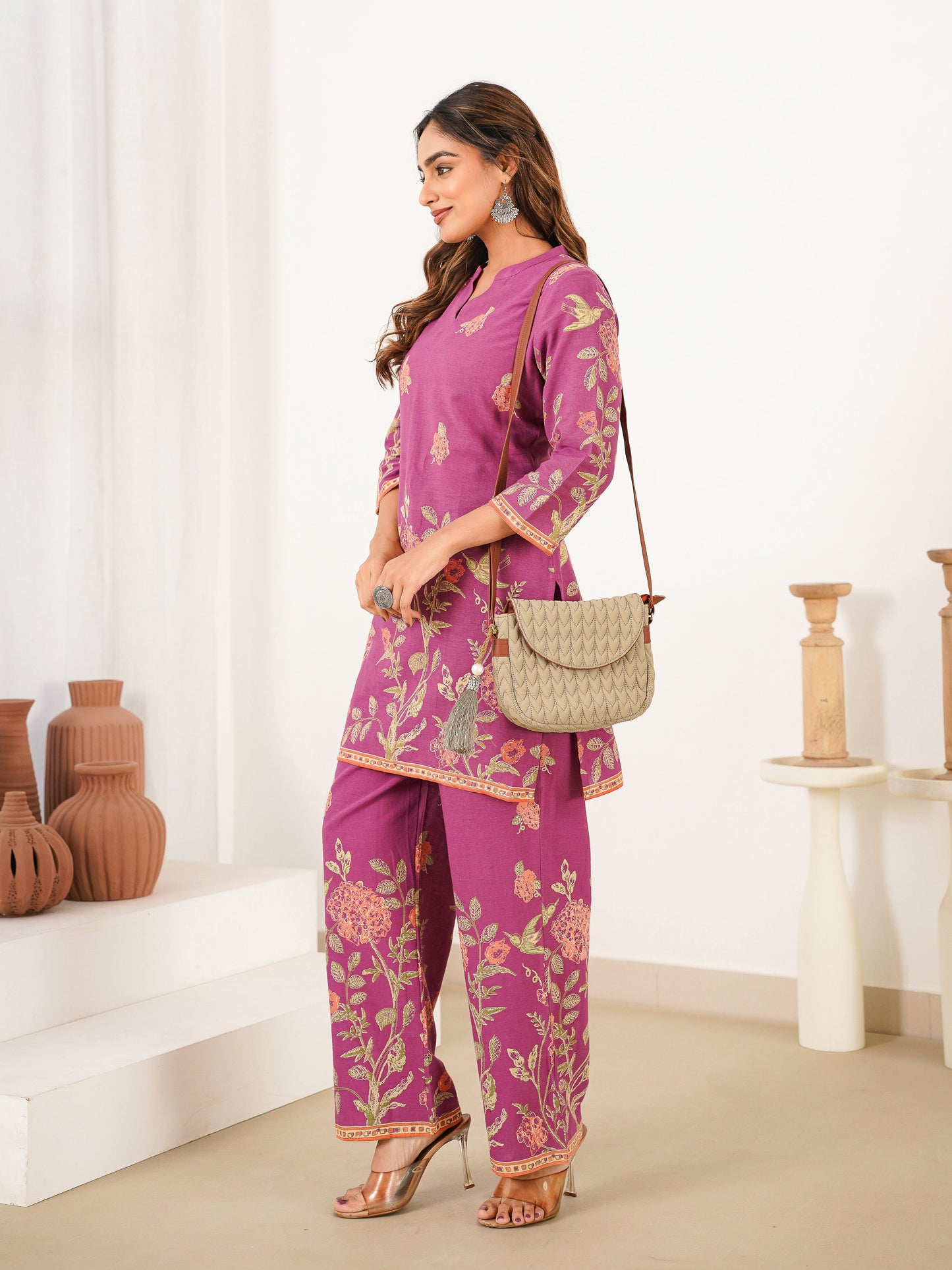 Linen Cotton Placement Print Straight Purple Kurta
