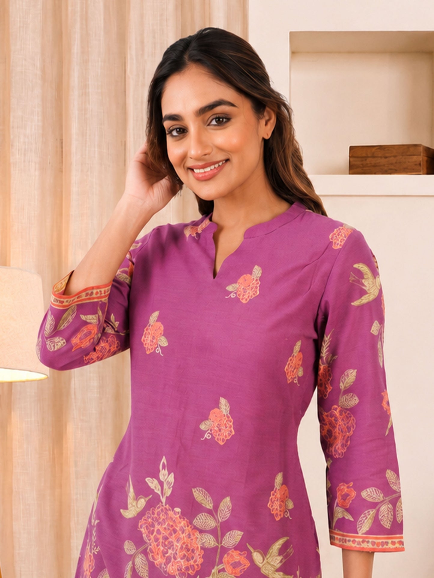 Linen Cotton Placement Print Straight Purple Kurta