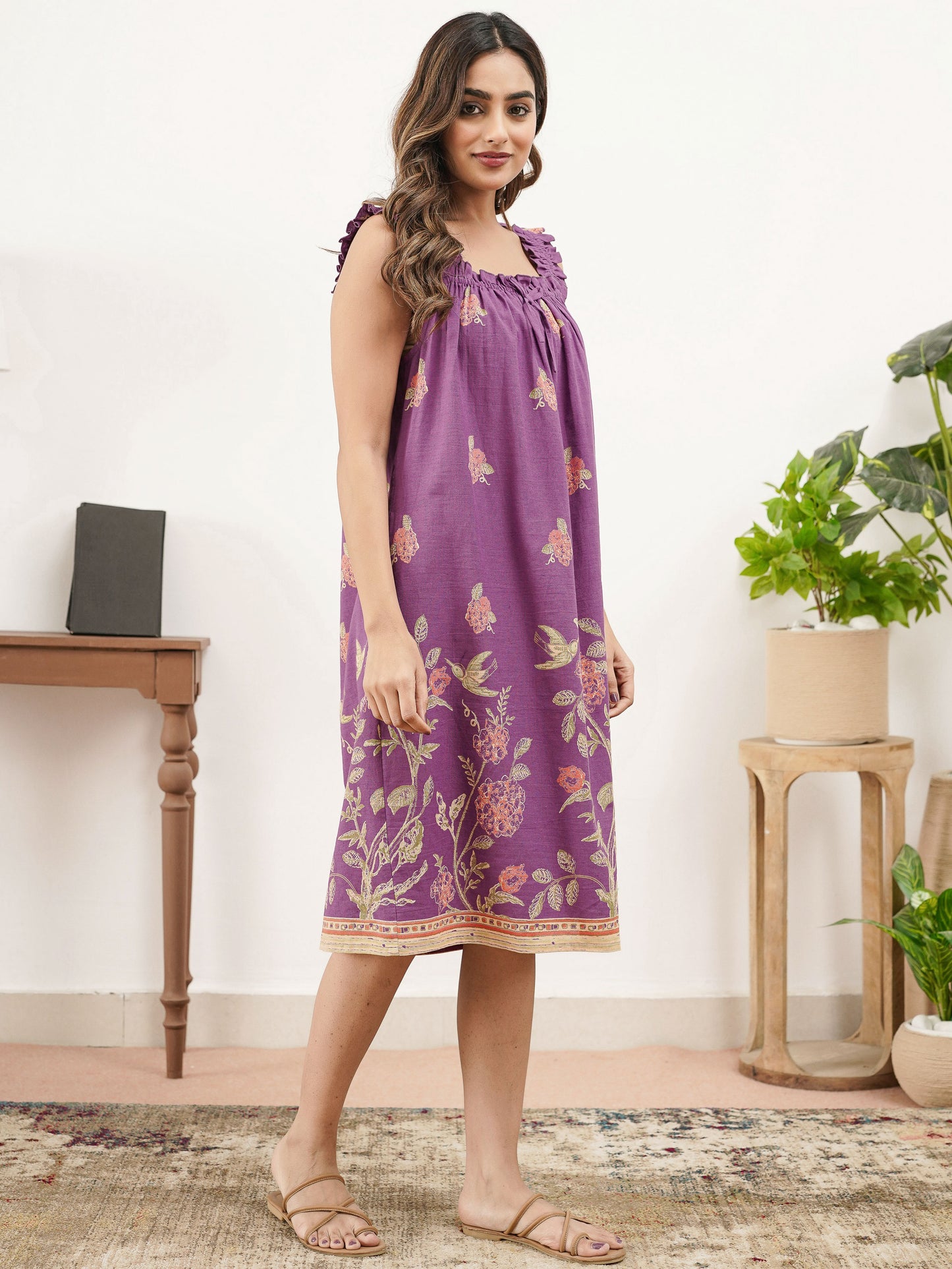 Linen Cotton Placement Print Purple Night Dress