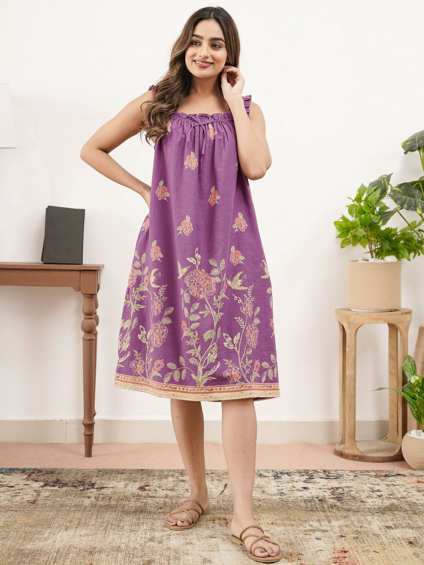 Linen Cotton Placement Print Purple Night Dress