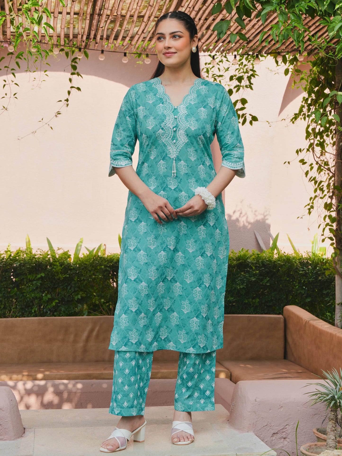 Soft Cotton Geometric Straight Teal Kurta