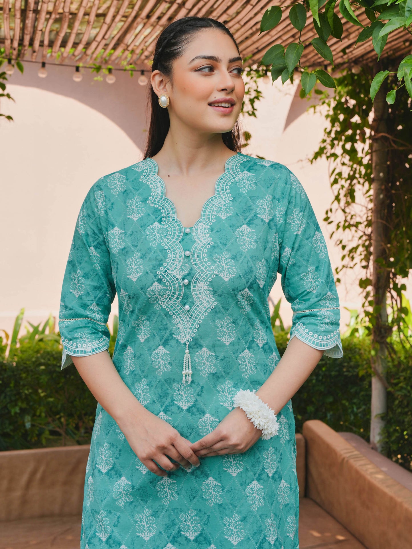 Soft Cotton Geometric Straight Teal Kurta