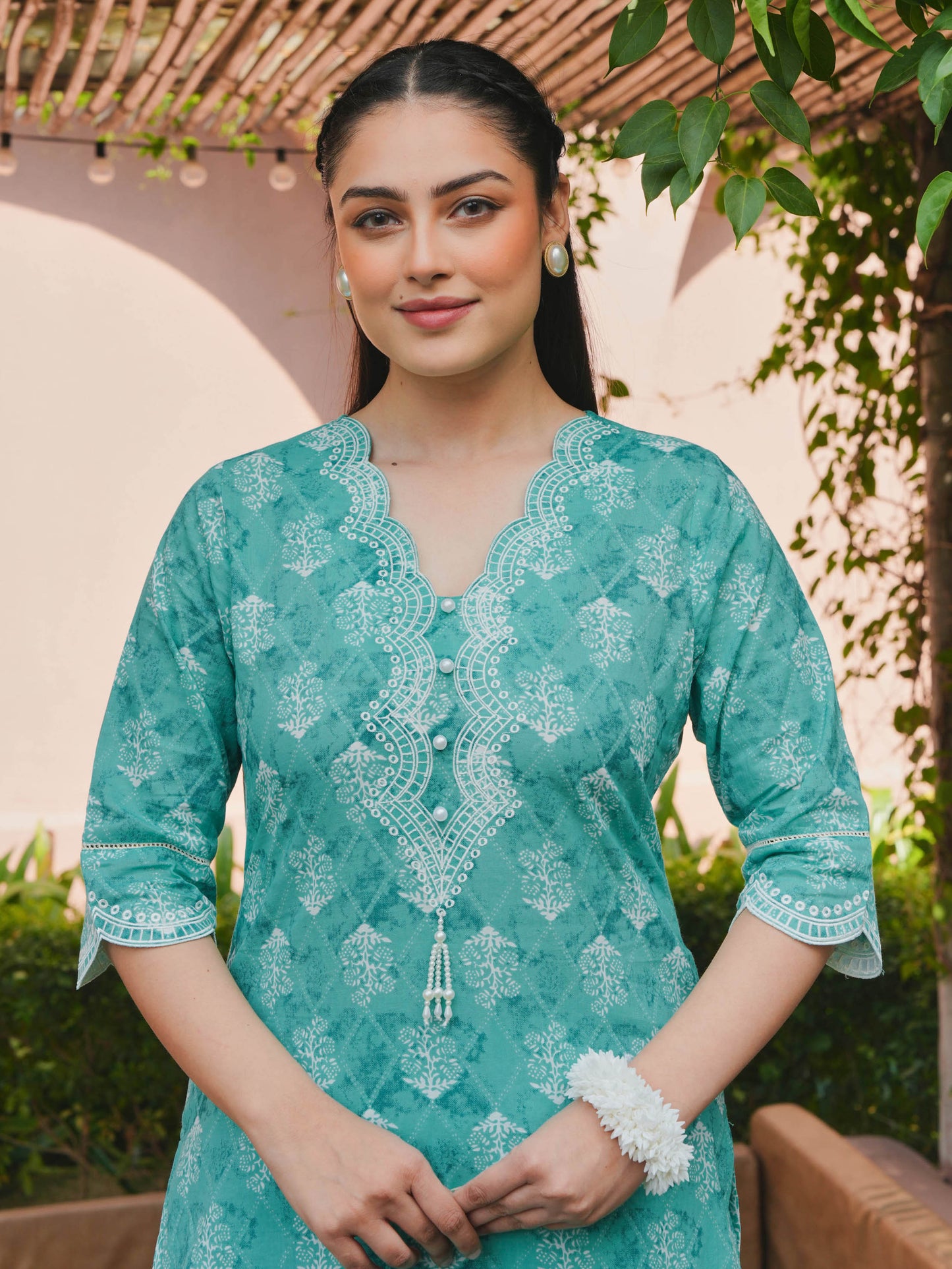 Soft Cotton Geometric Straight Teal Kurta