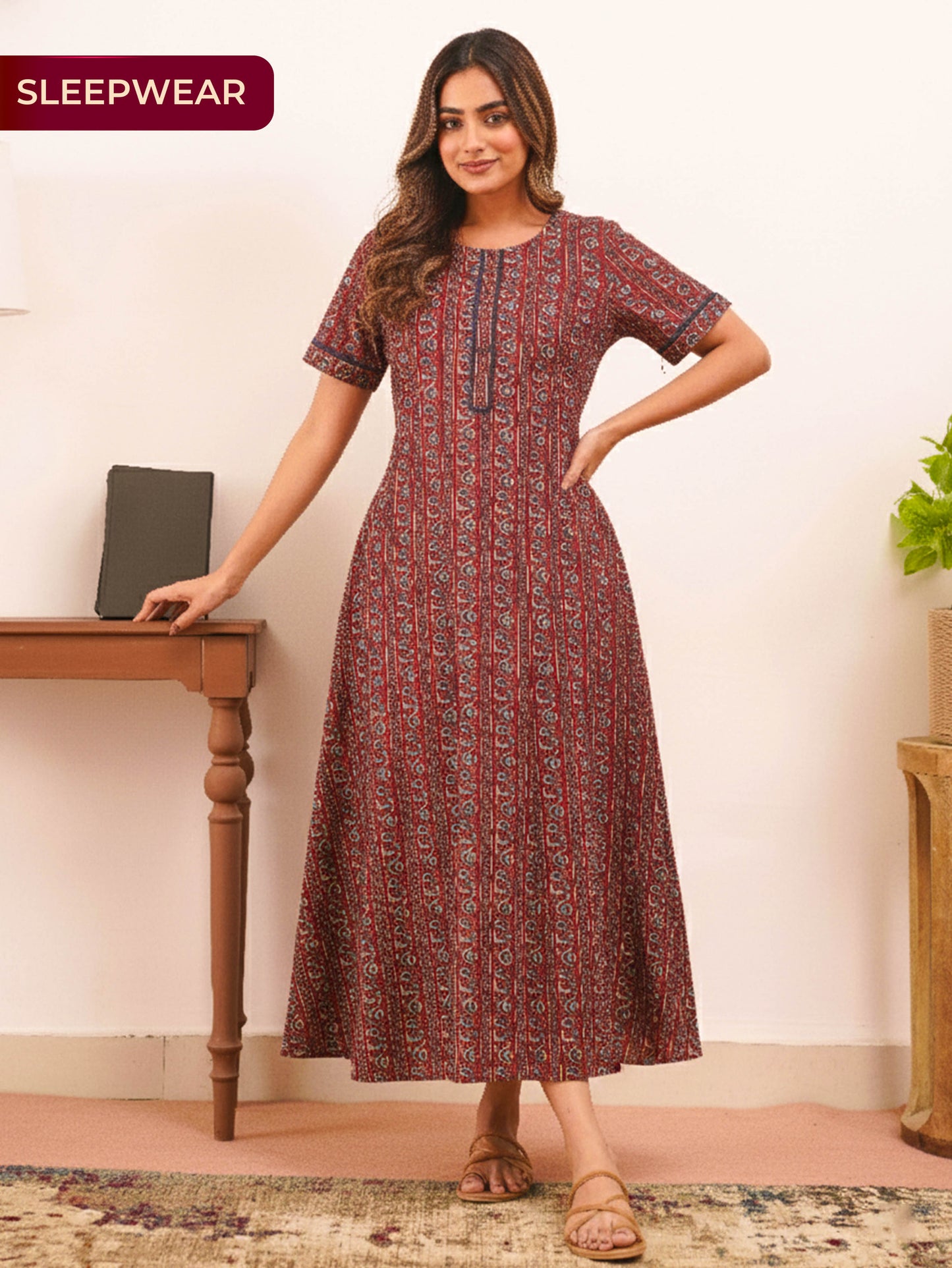 Soft Cotton Floral Straight Maroon Nighty