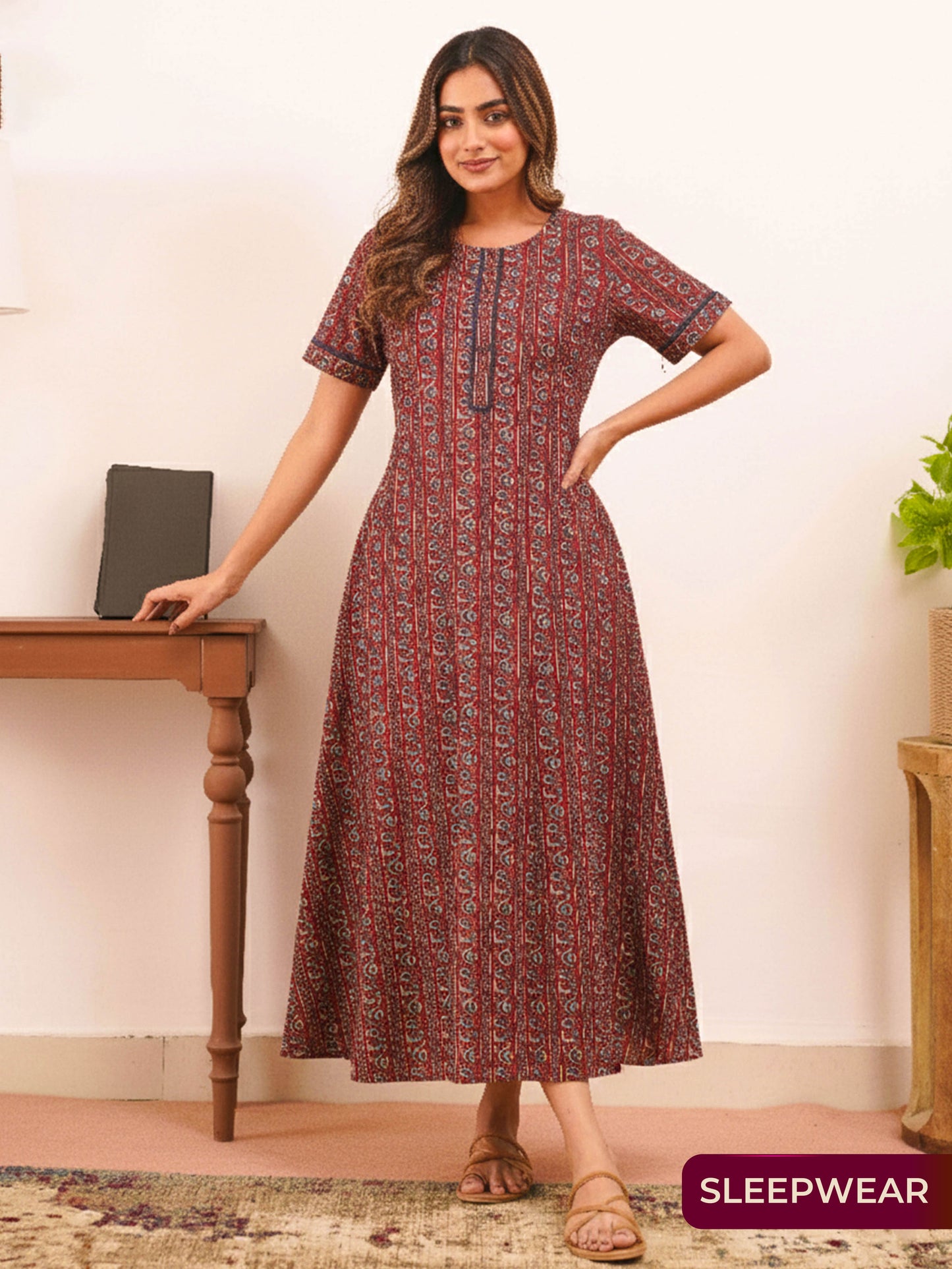 Soft Cotton Floral Straight Maroon Nighty