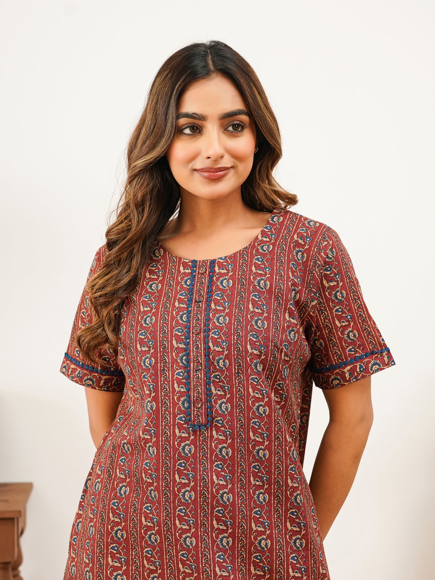 Soft Cotton Floral Straight Maroon Nighty