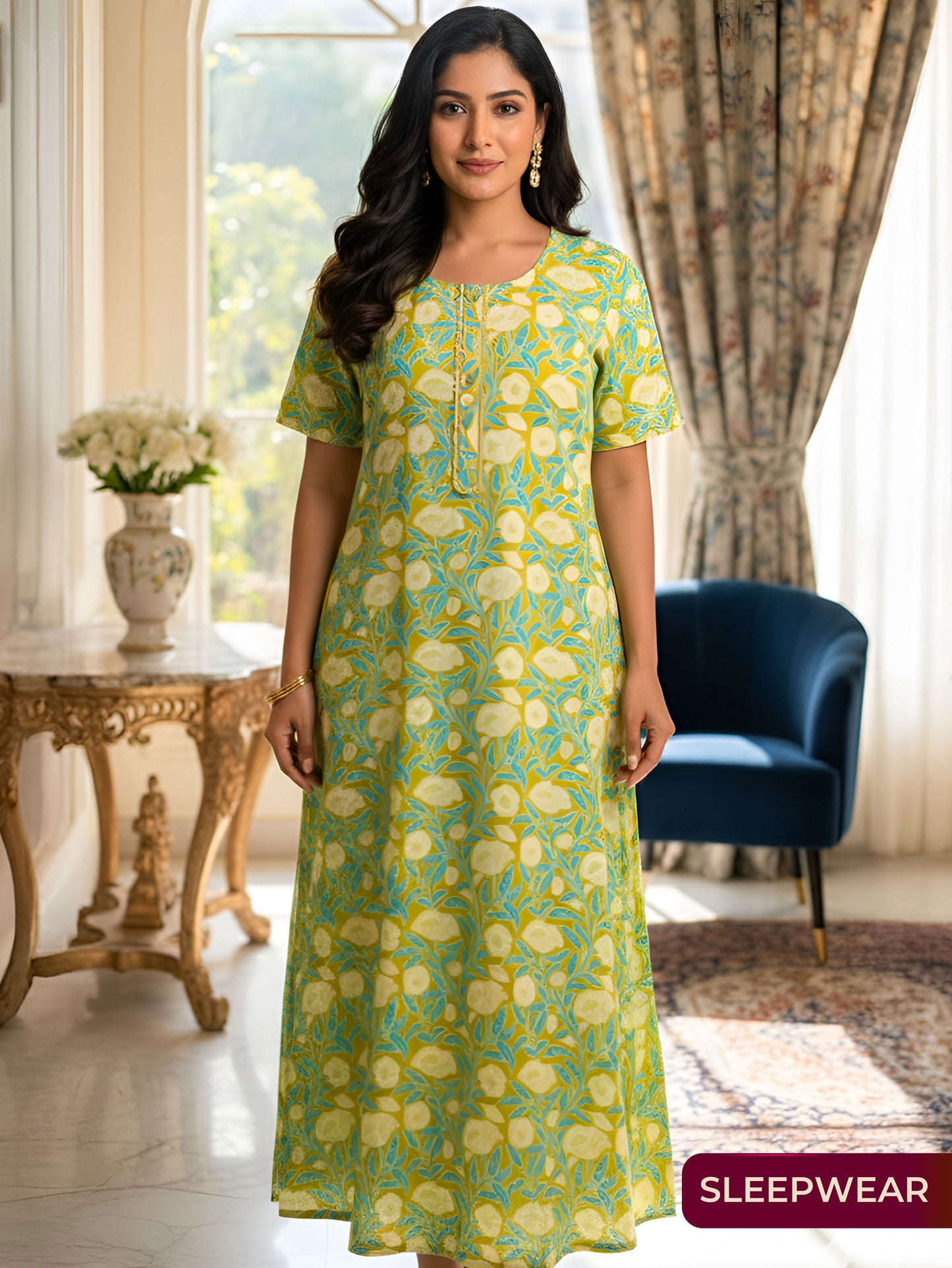 Soft Cotton Floral Yellow Nighty