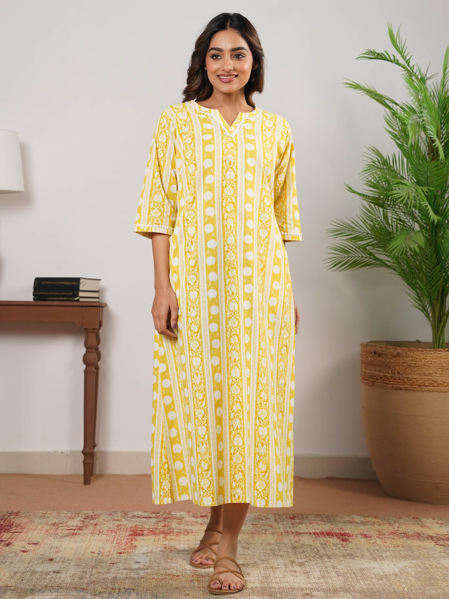 Soft Cotton Floral Straight Yellow Nighty