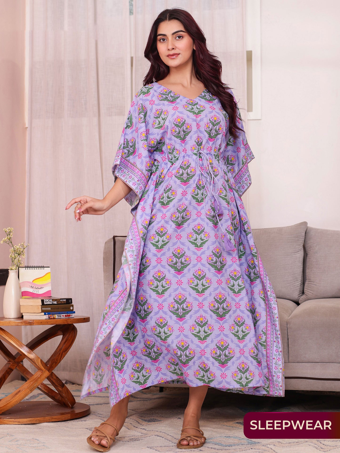Soft Cotton Floral Kaftan Lavender Nighty
