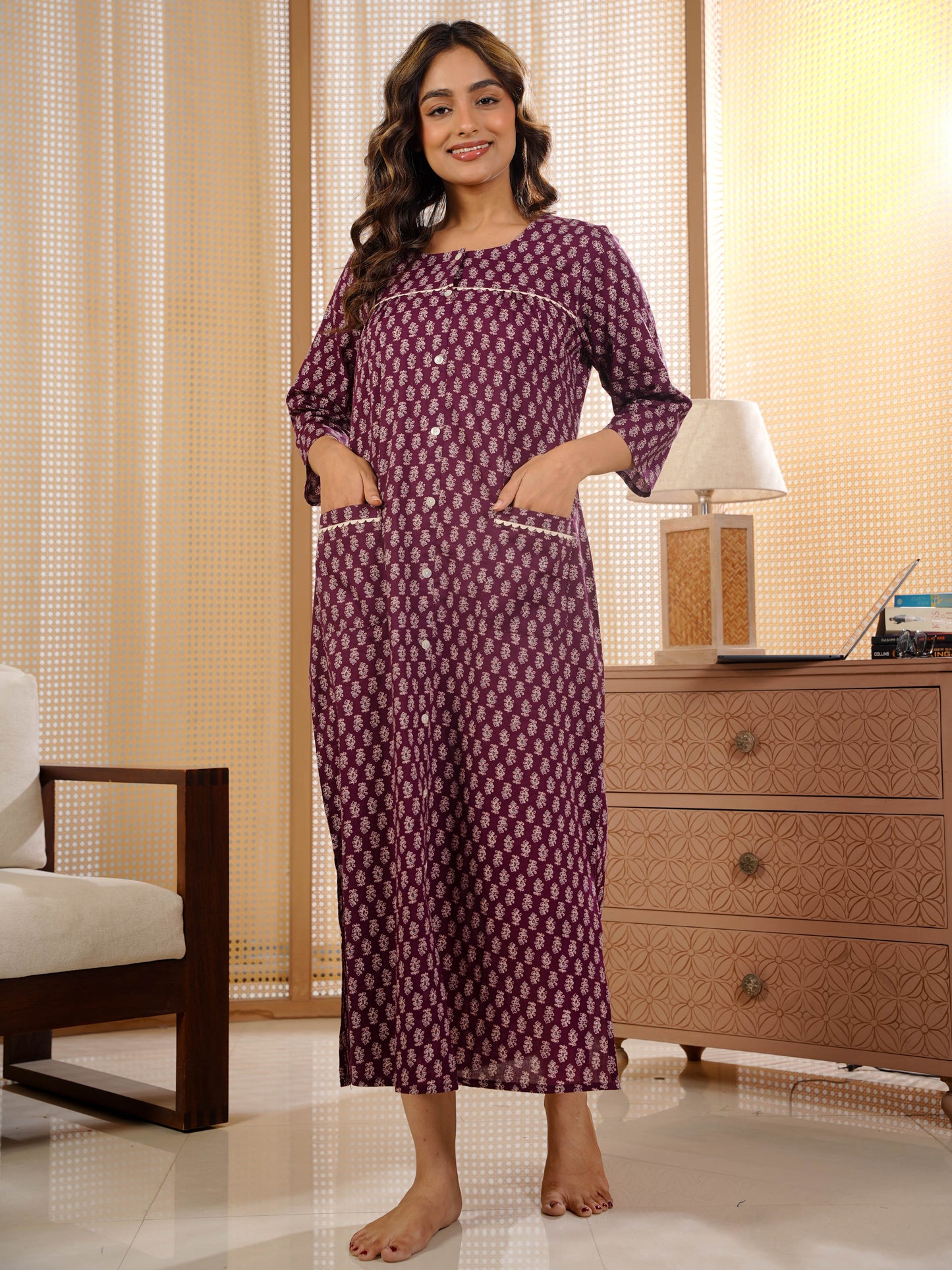 Soft Cotton Butti Straight Wine Nighty