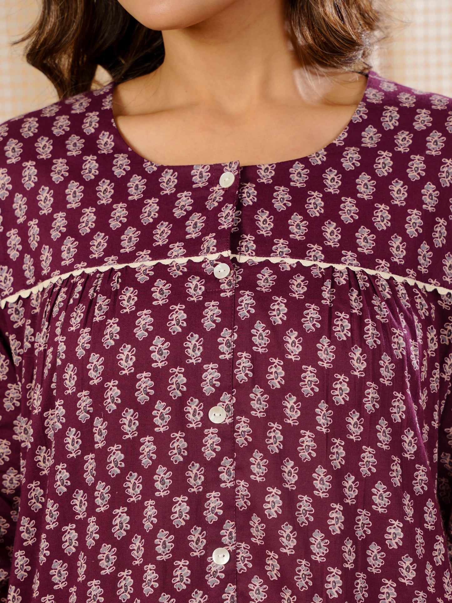 Soft Cotton Butti Straight Wine Nighty