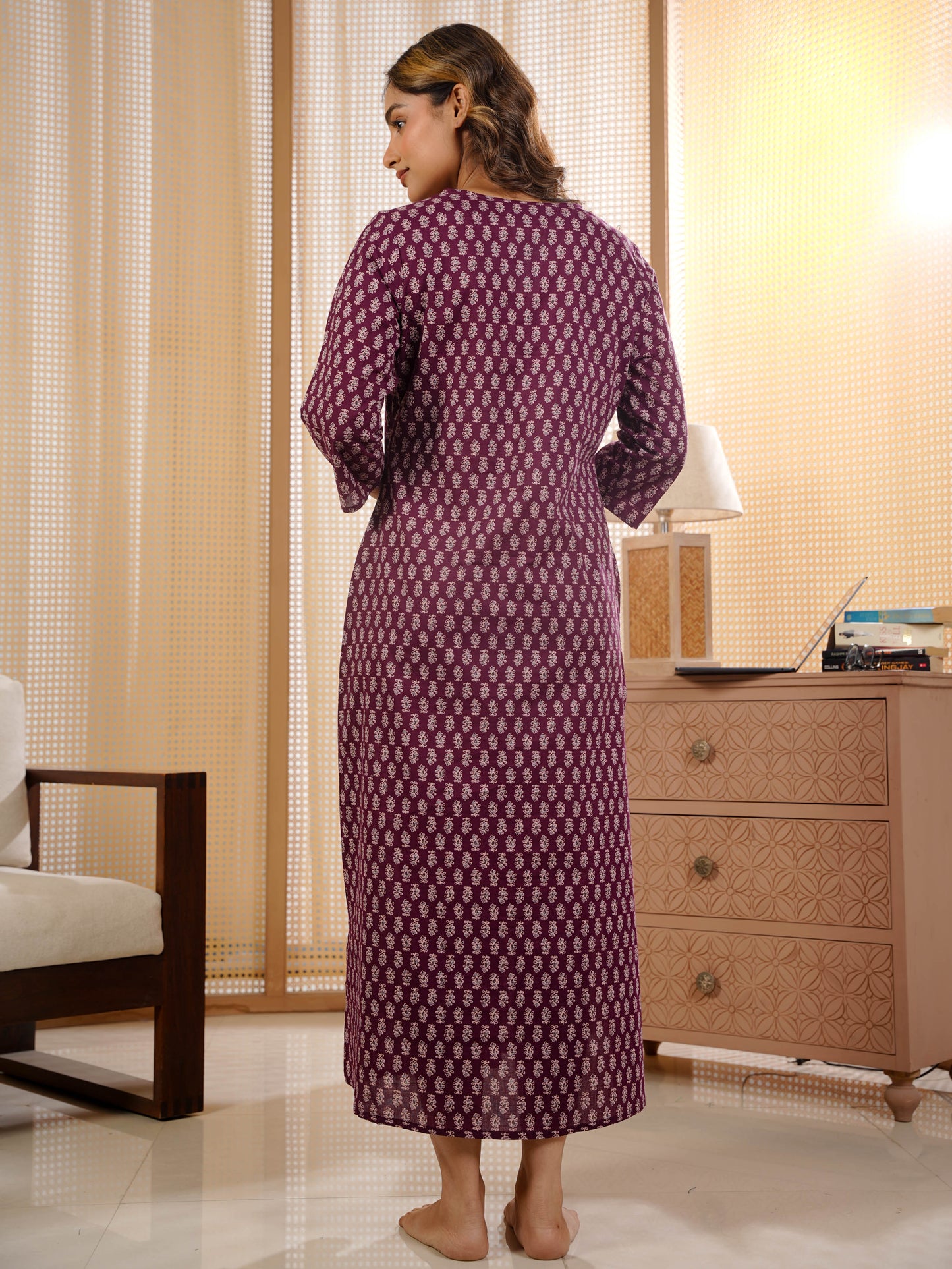 Soft Cotton Butti Straight Wine Nighty
