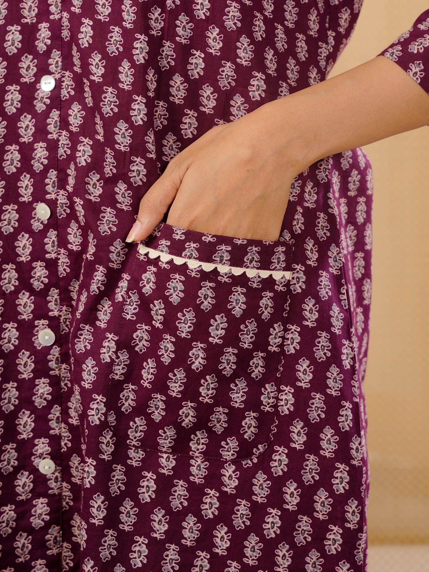 Soft Cotton Butti Straight Wine Nighty