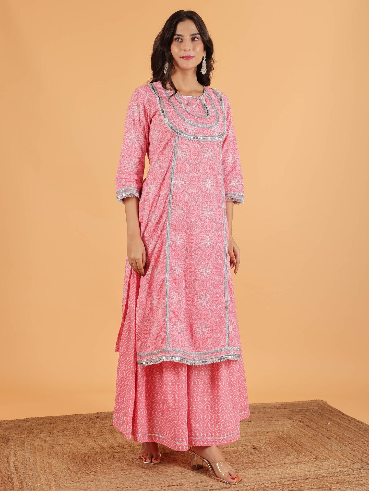 Soft Cotton Geometric Straight Pink Kurta