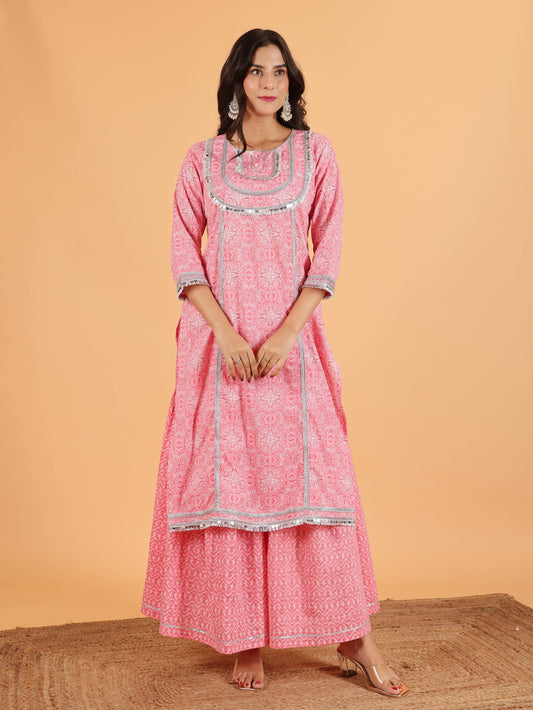 Soft Cotton Geometric Straight Pink Kurta