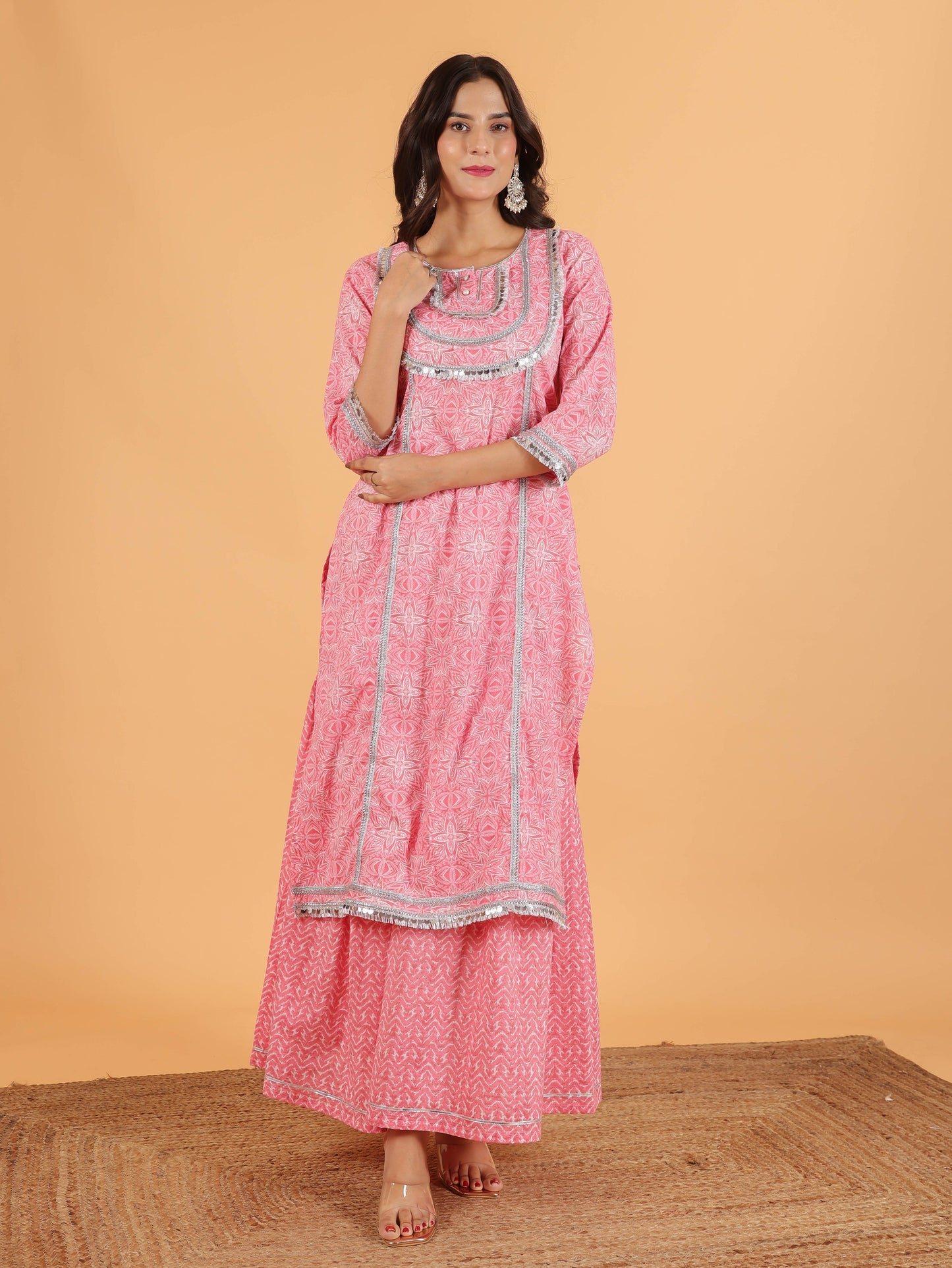 Soft Cotton Geometric Straight Pink Kurta