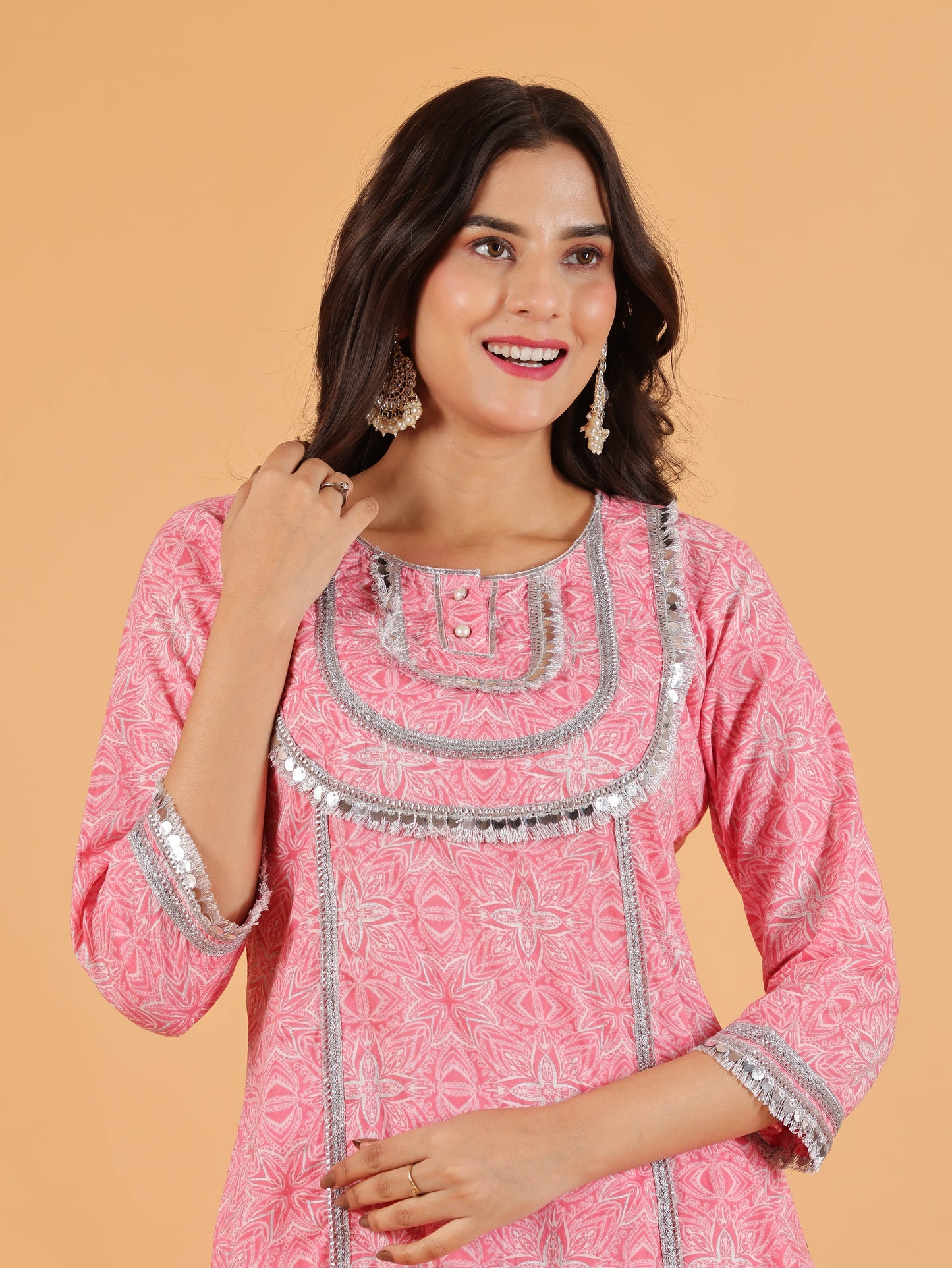 Soft Cotton Geometric Straight Pink Kurta