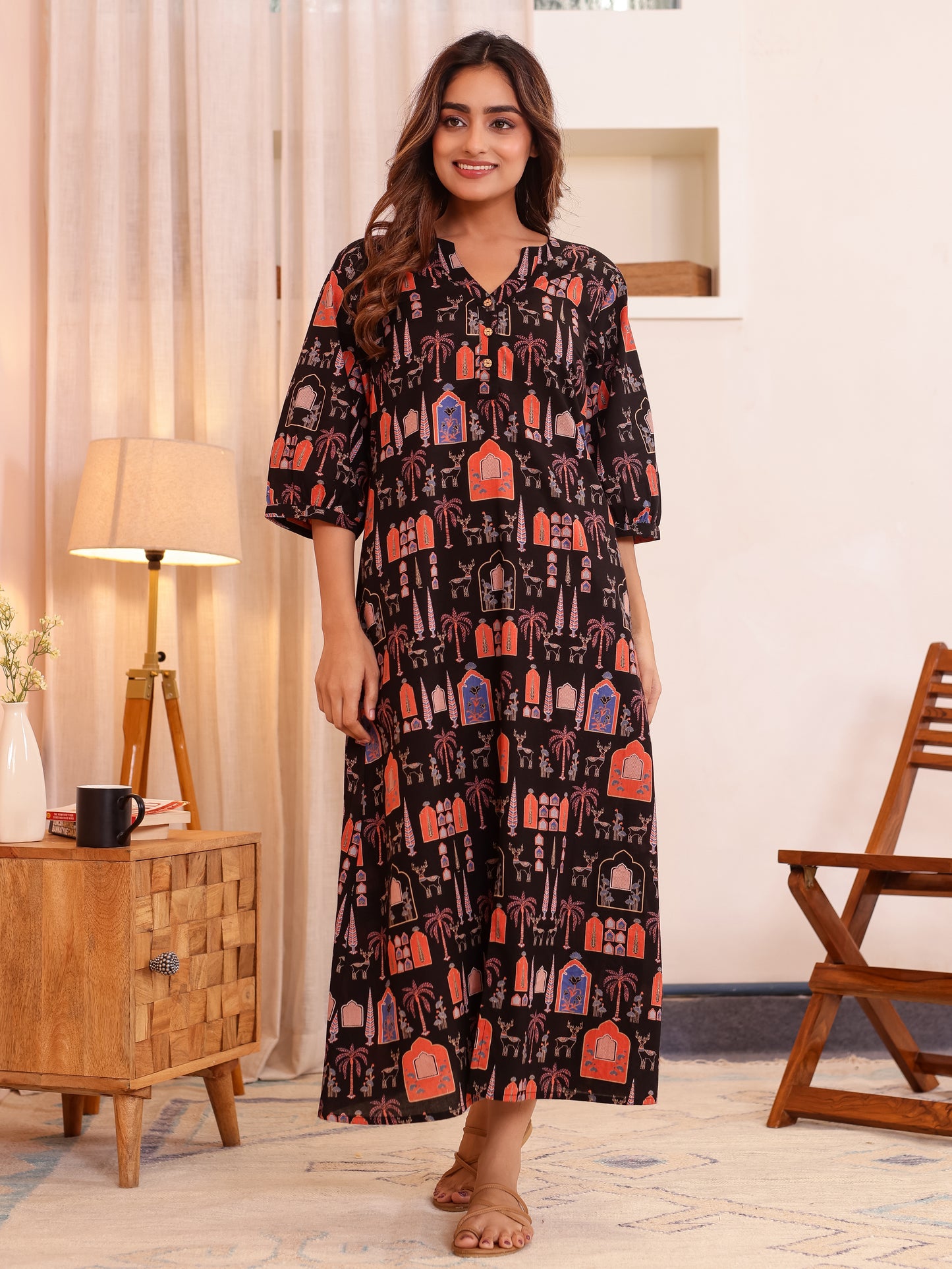 Soft Cotton Mughal Print Straight Black Nighty