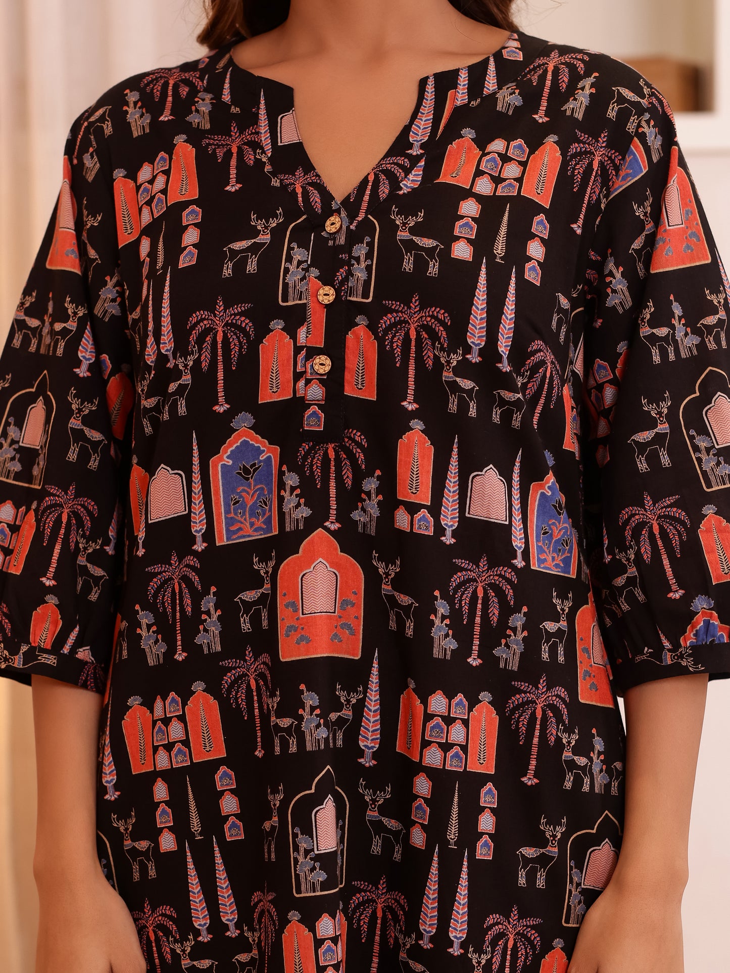Soft Cotton Mughal Print Straight Black Nighty