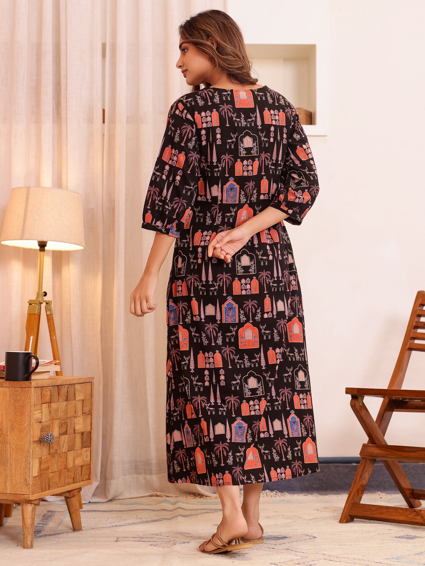Soft Cotton Mughal Print Straight Black Nighty