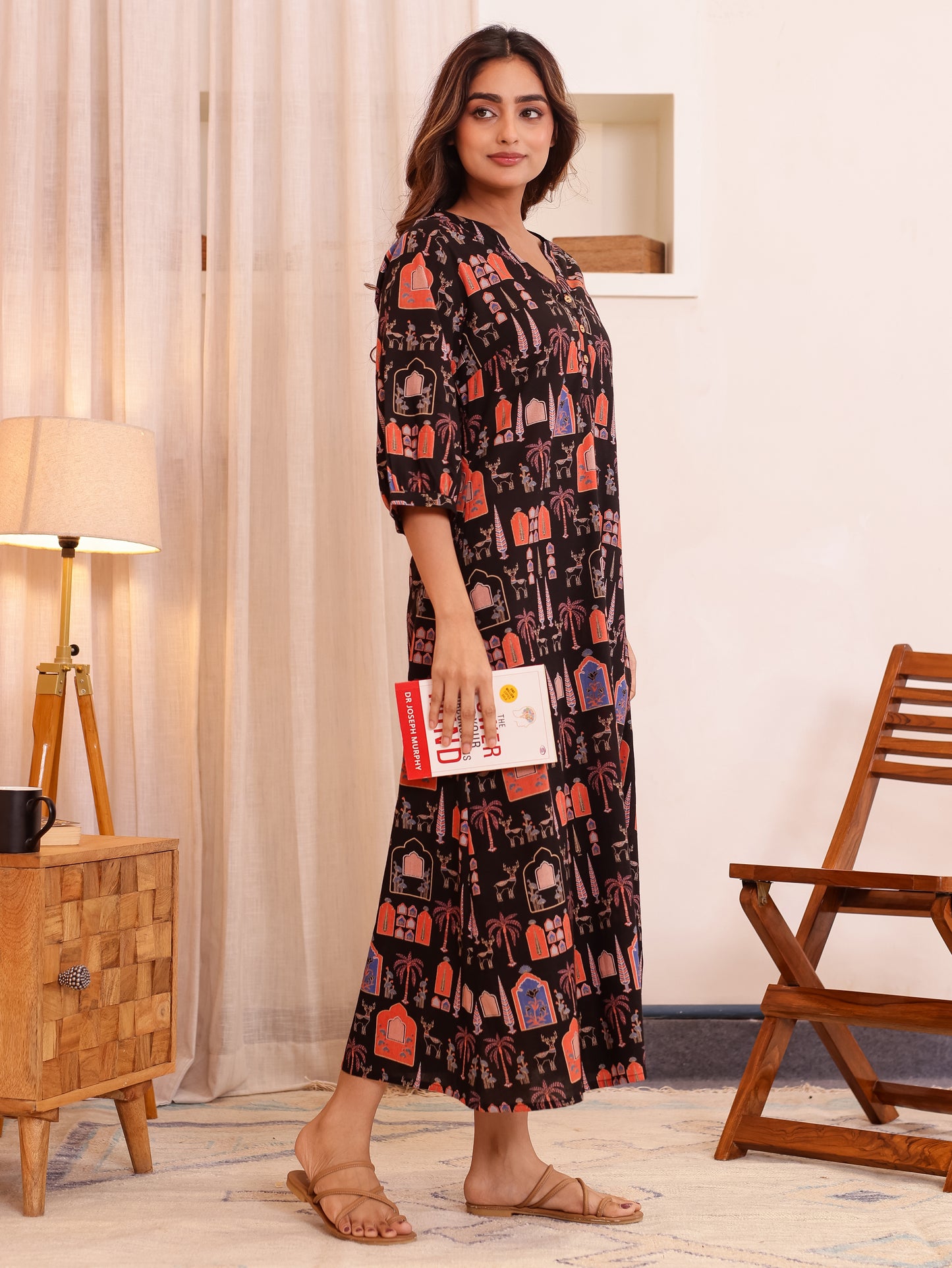 Soft Cotton Mughal Print Straight Black Nighty