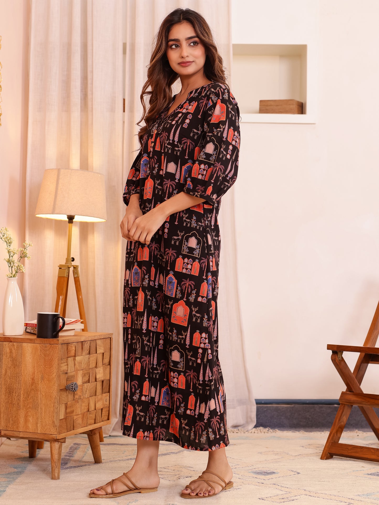 Soft Cotton Mughal Print Straight Black Nighty