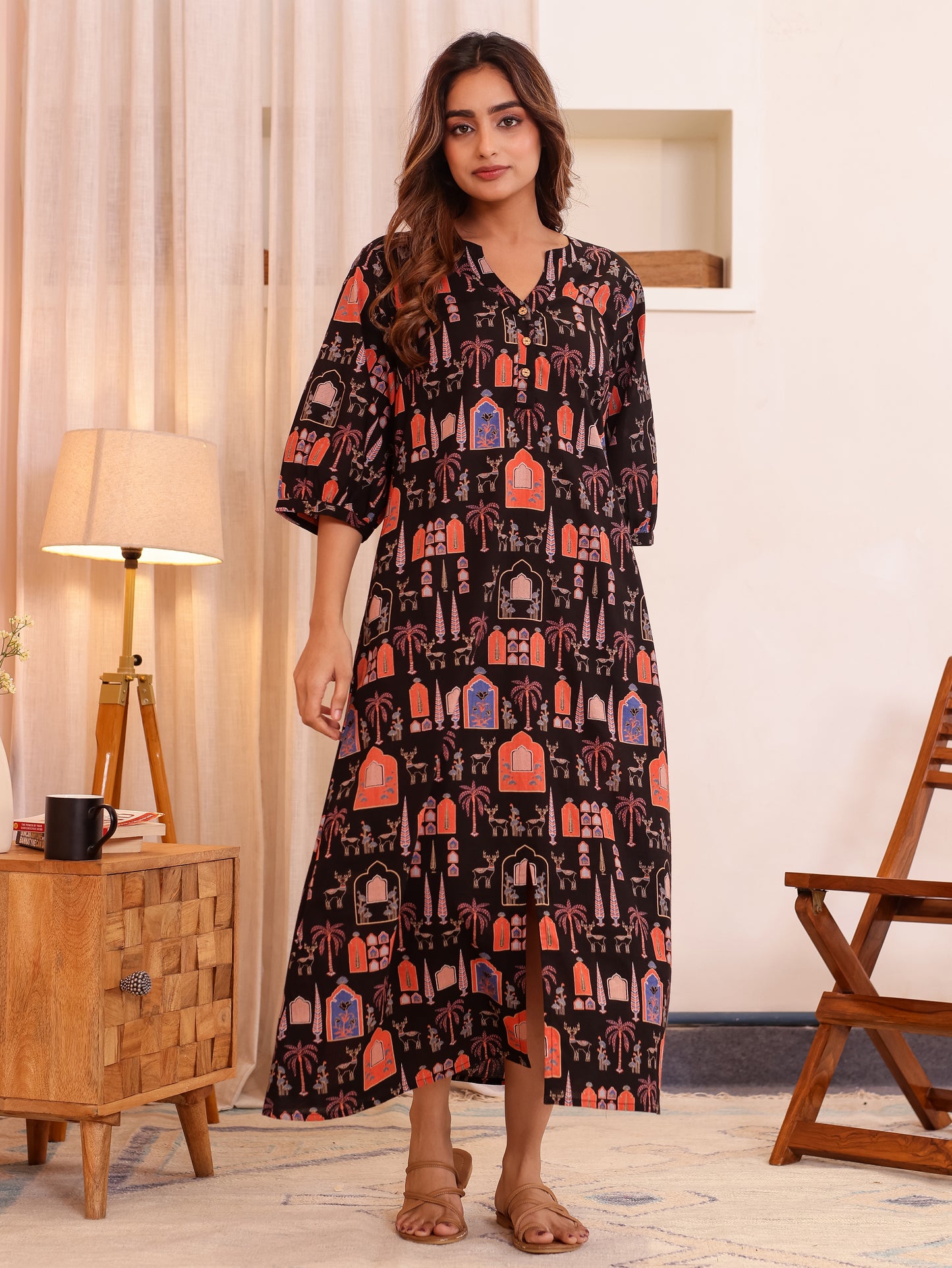 Soft Cotton Mughal Print Straight Black Nighty