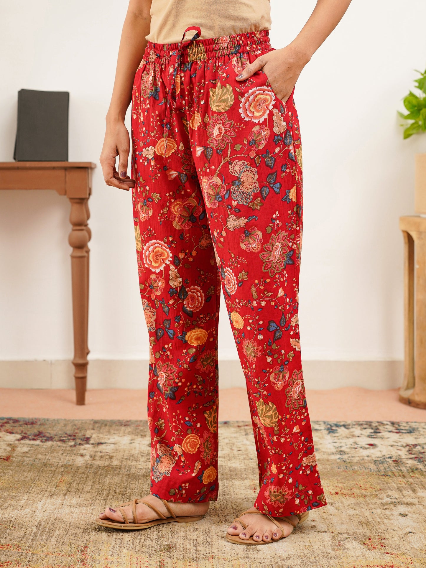 Soft Cotton Floral Straight Red Top