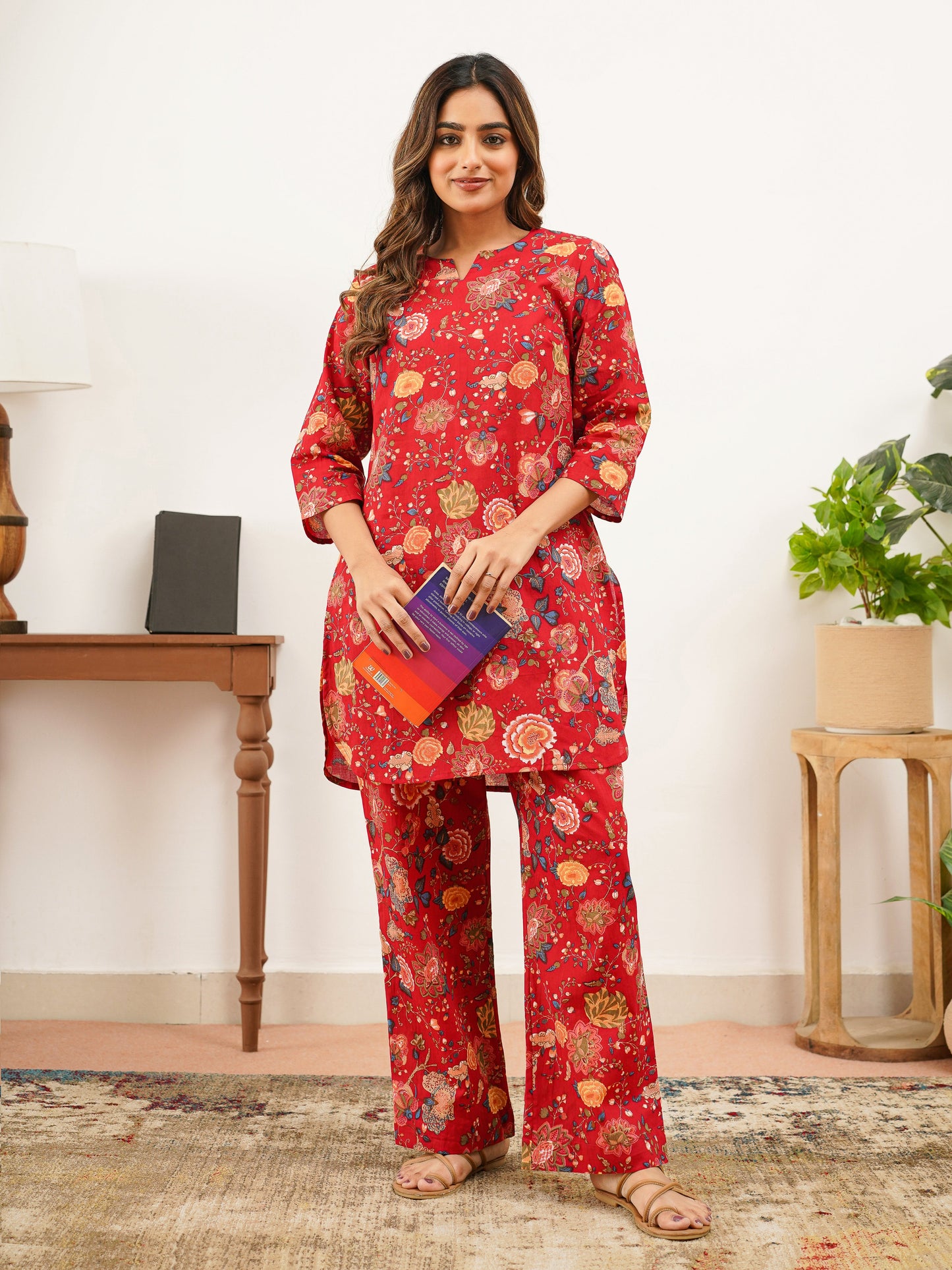 Soft Cotton Floral Straight Red Top