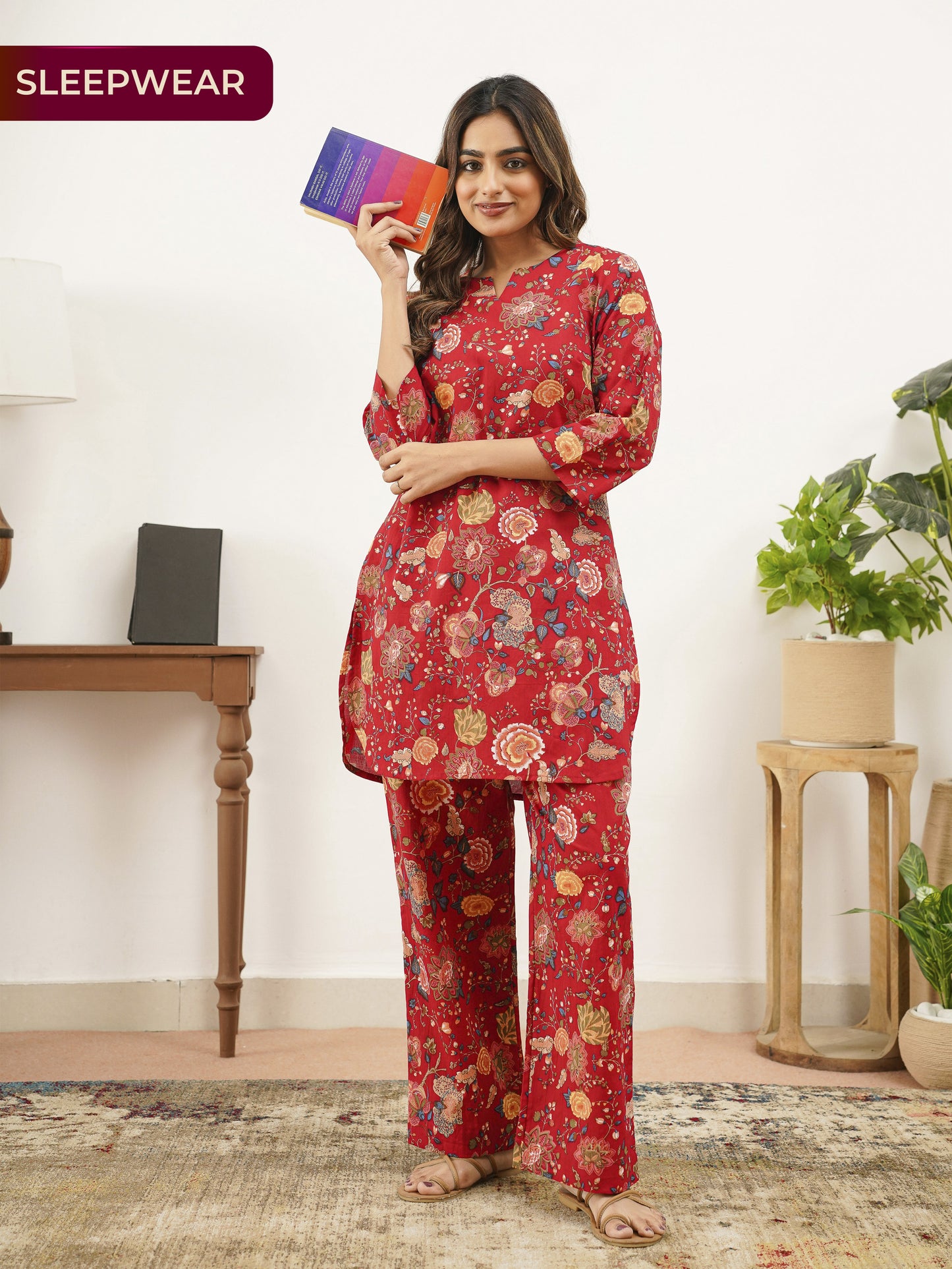 Soft Cotton Floral Straight Red Top
