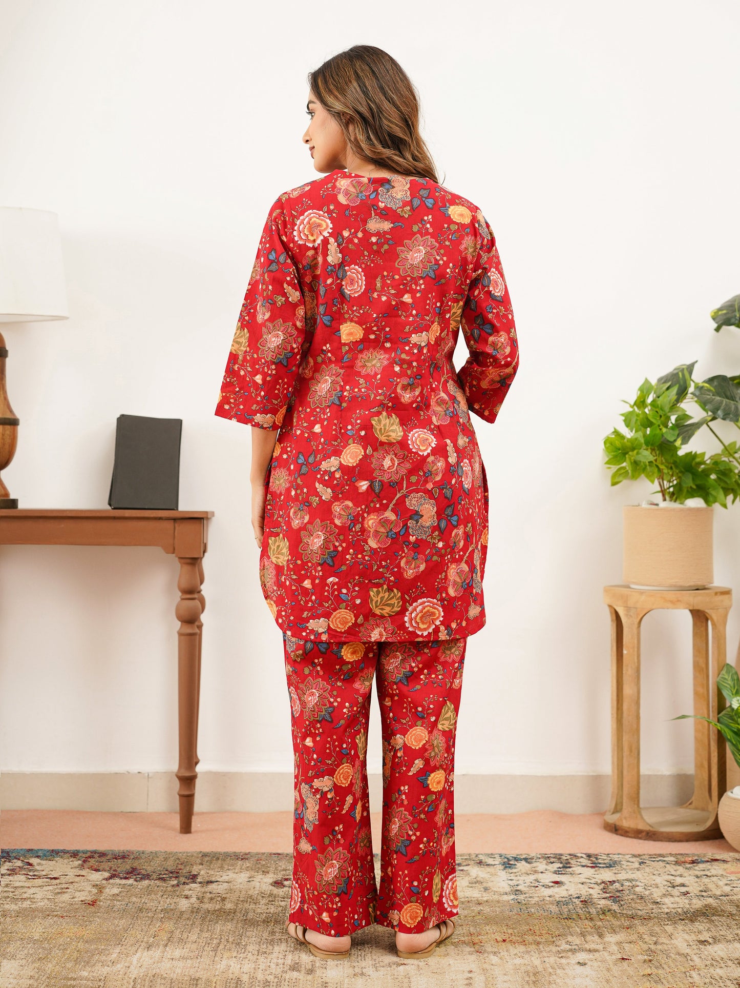 Soft Cotton Floral Straight Red Top