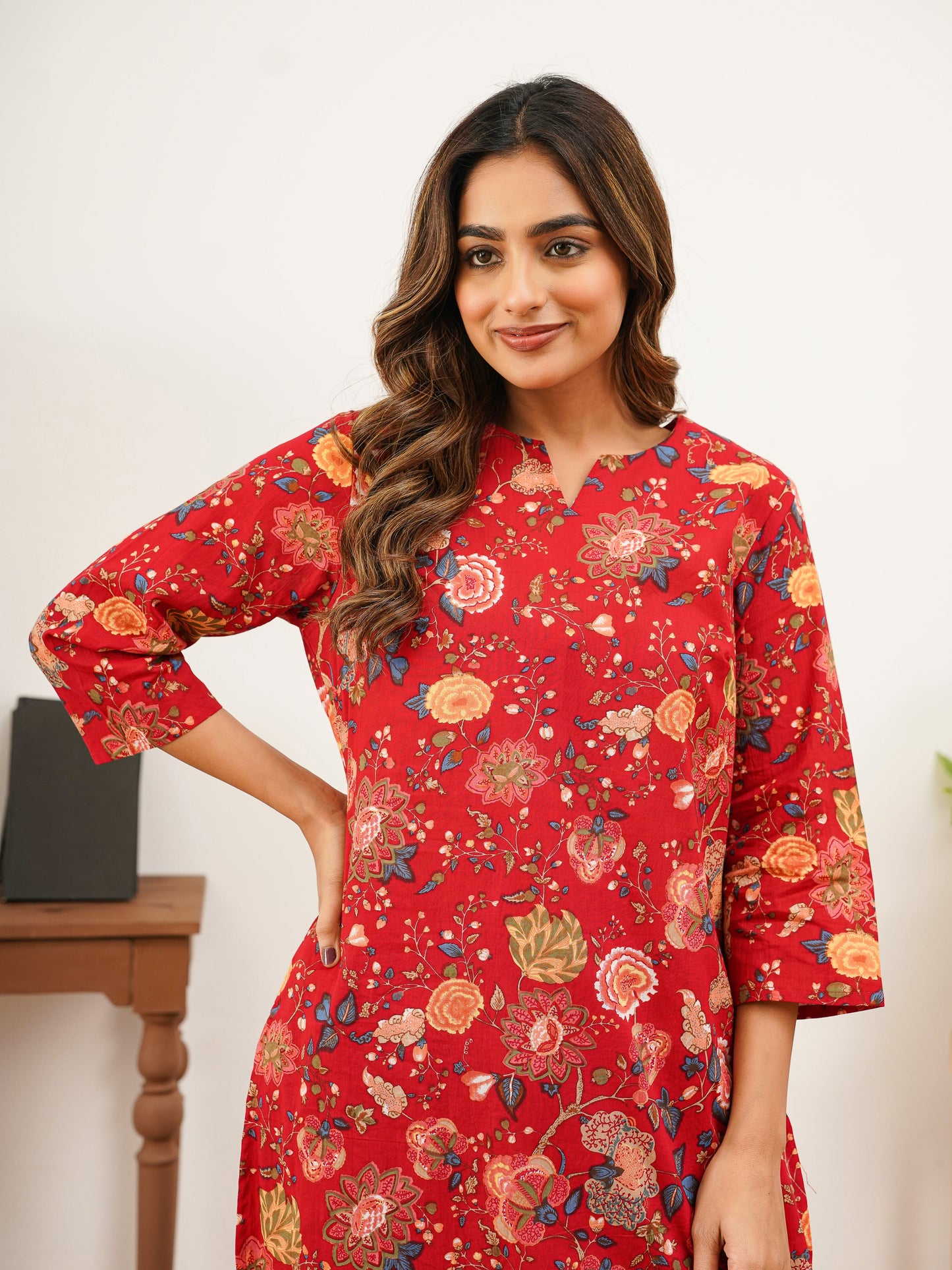 Soft Cotton Floral Straight Red Top