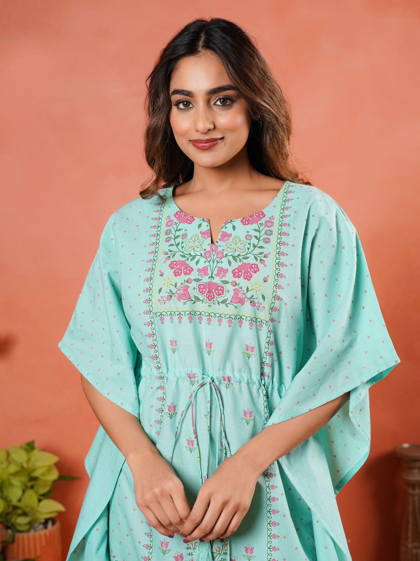 Soft Cotton Placement Print Kaftan Mint Green Nighty