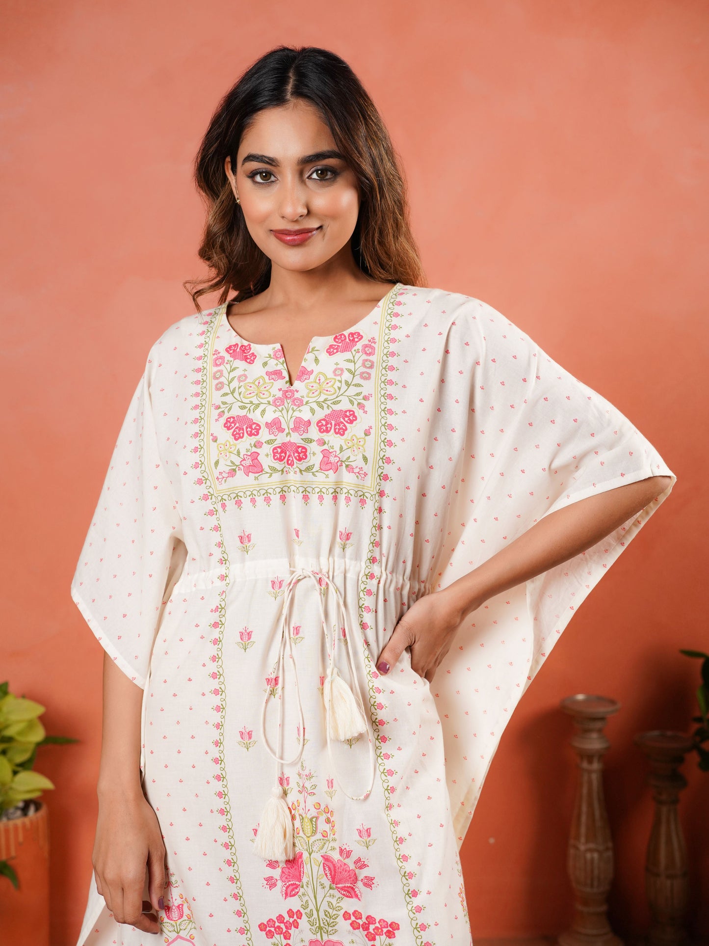 Soft Cotton Placement Print Kaftan Off White Nighty