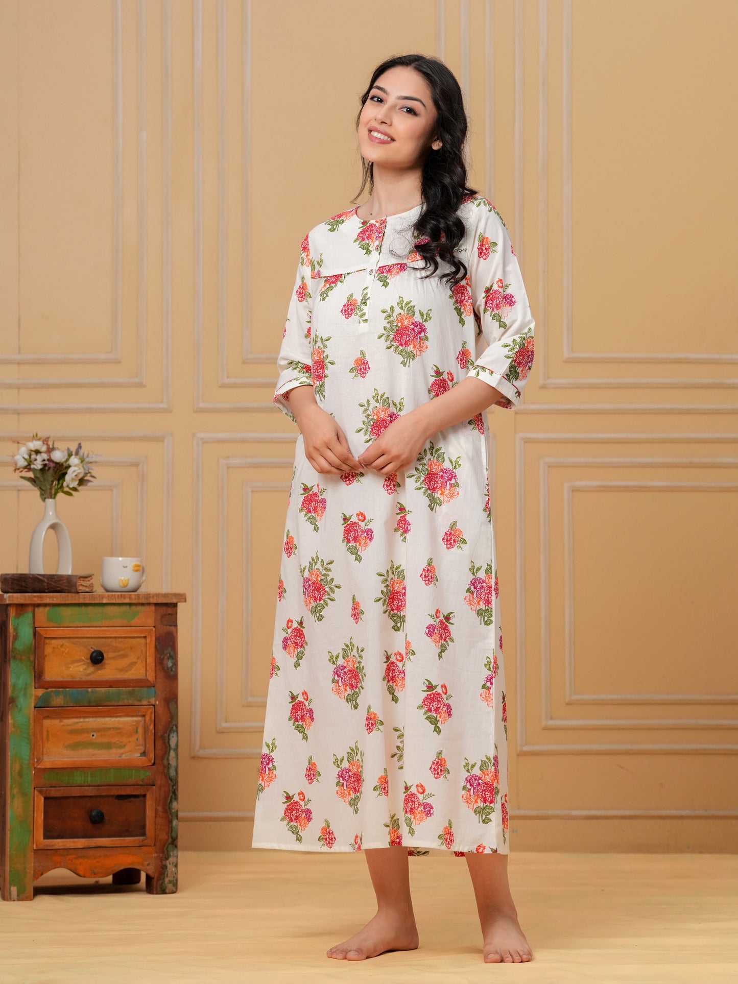 Linen Cotton Floral Straight Off White Nighty