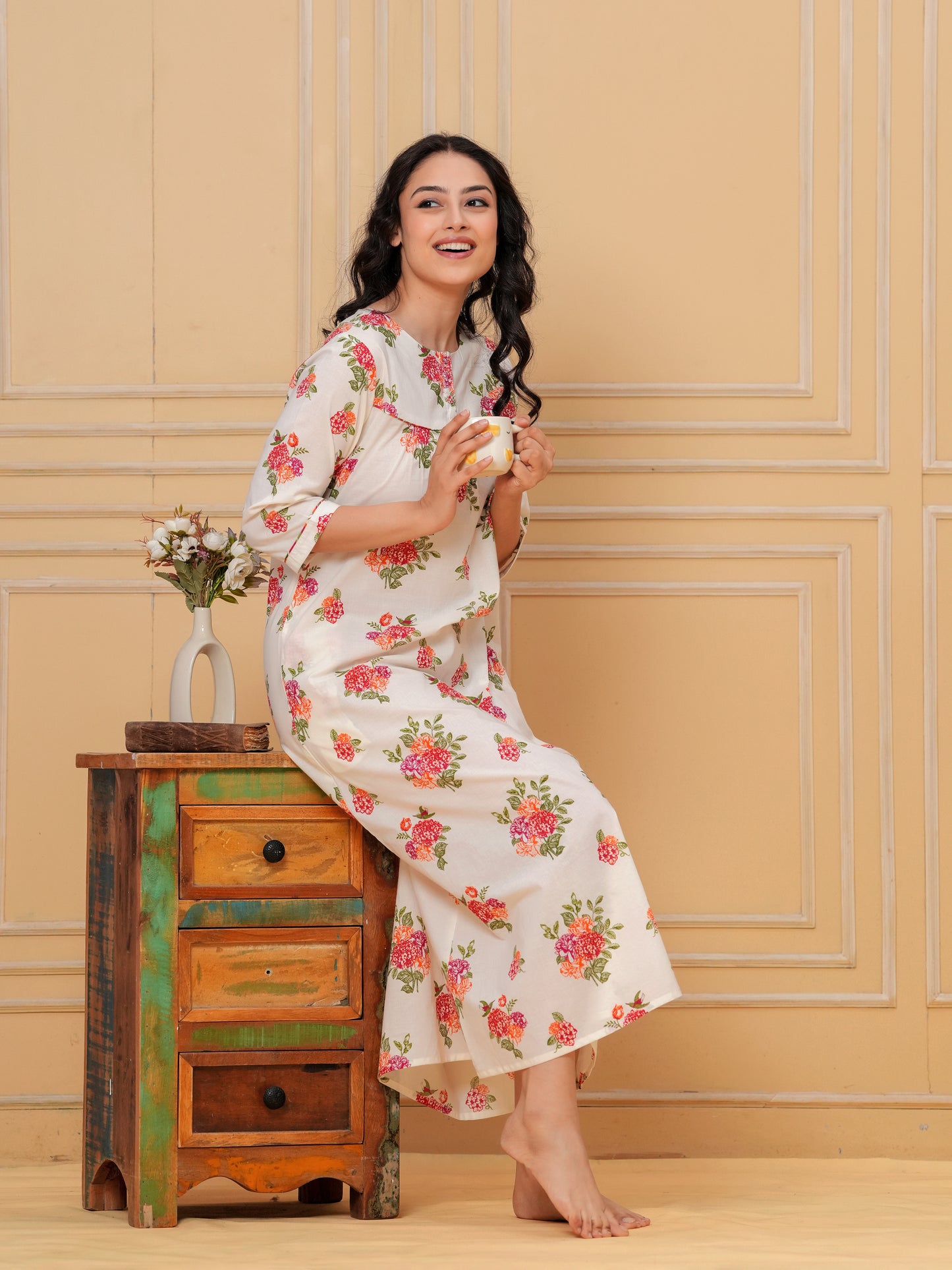 Linen Cotton Floral Straight Off White Nighty