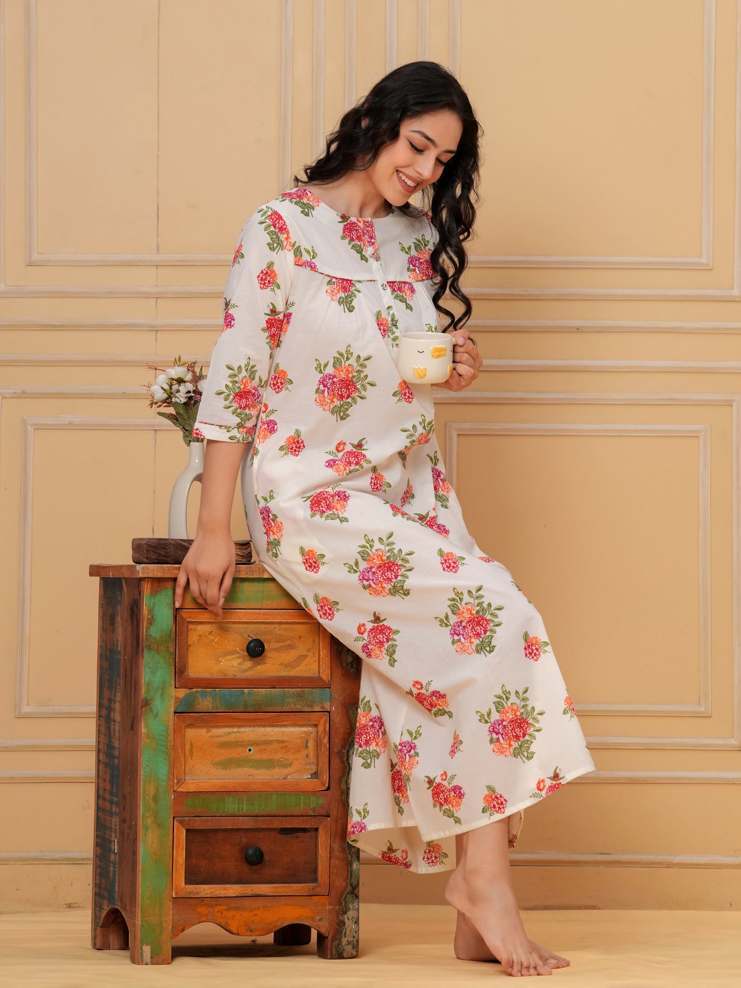 Linen Cotton Floral Straight Off White Nighty