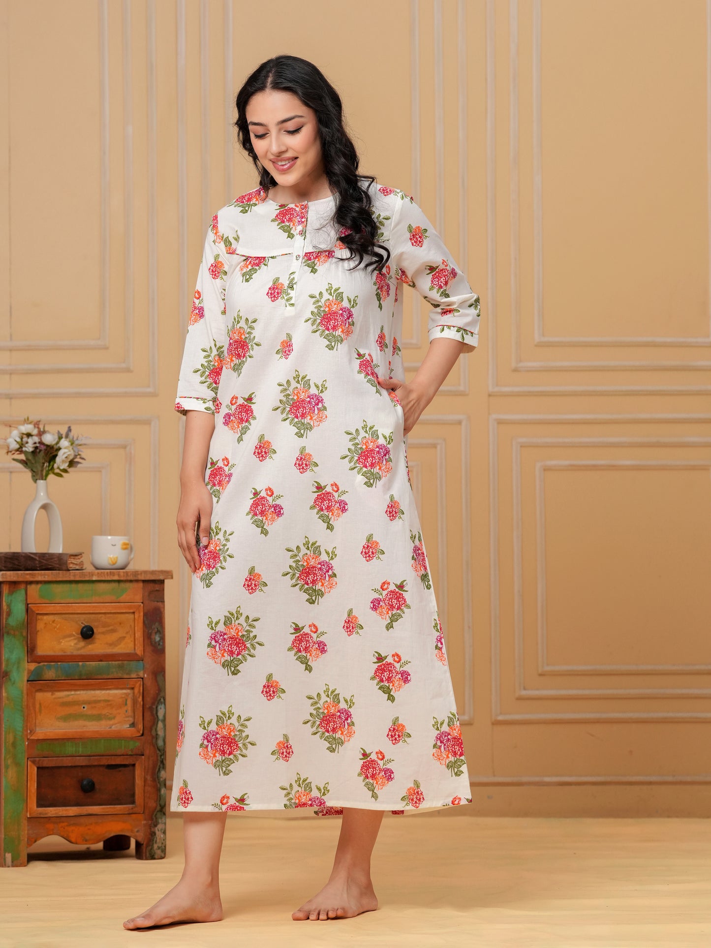 Linen Cotton Floral Straight Off White Nighty