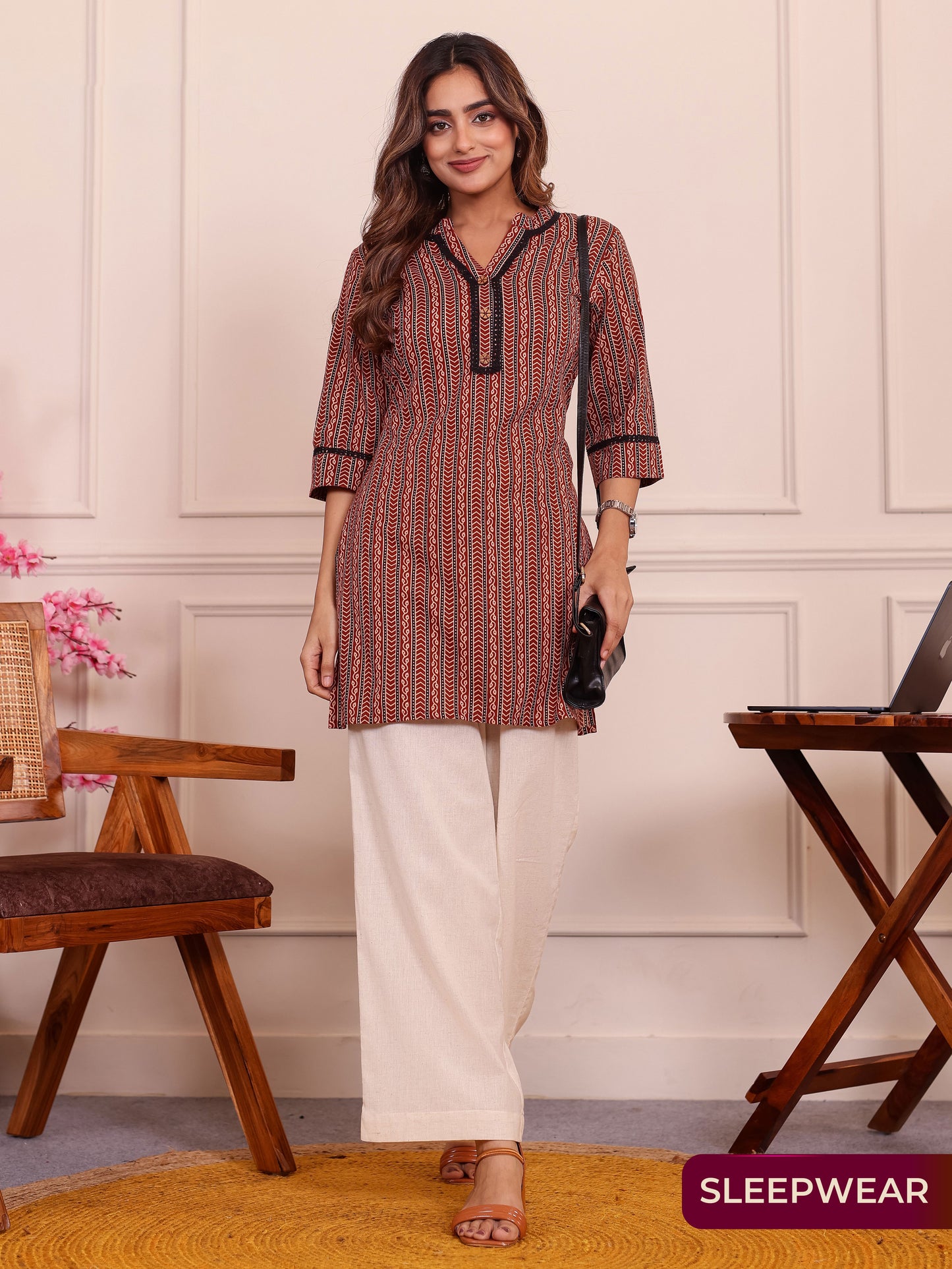 Soft Cotton Geometric Straight Maroon Kurta