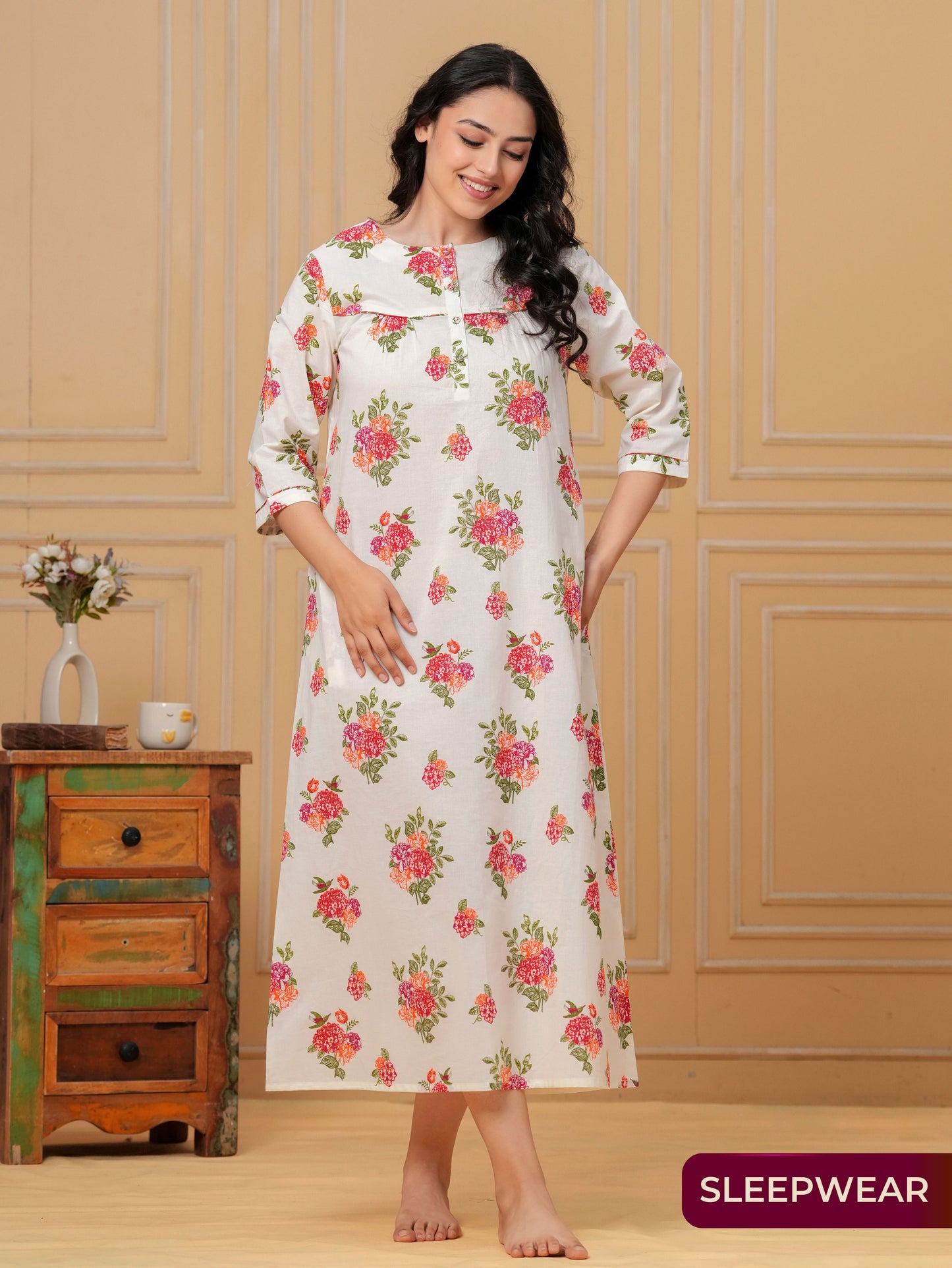 Linen Cotton Floral Straight Off White Nighty