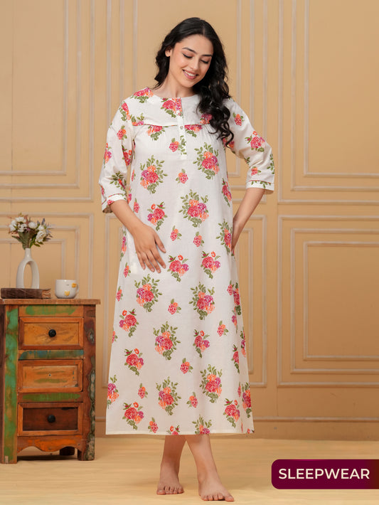 Linen Cotton Floral Straight Off White Nighty