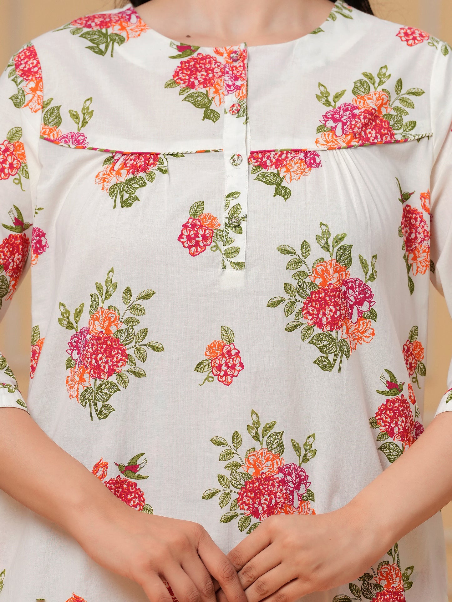 Linen Cotton Floral Straight Off White Nighty