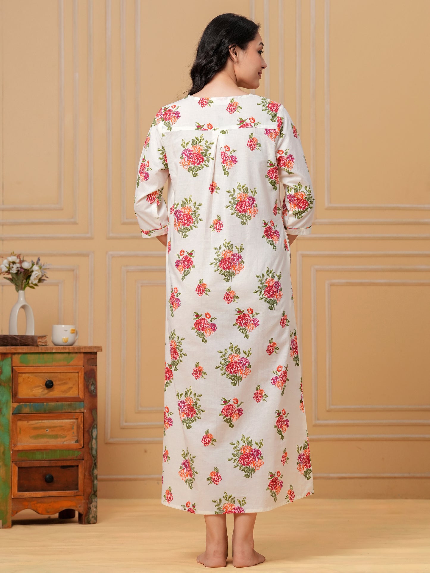 Linen Cotton Floral Straight Off White Nighty