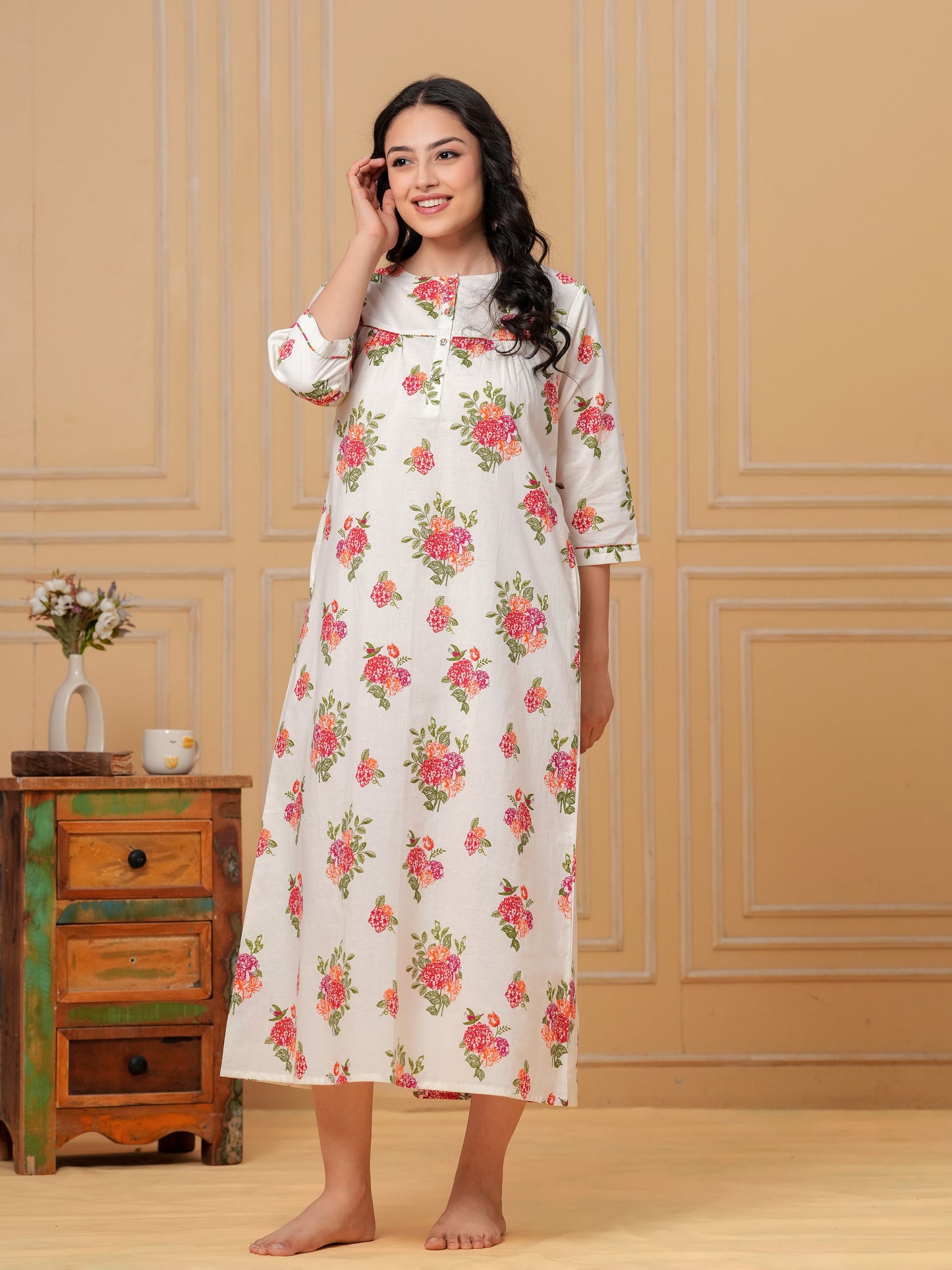 Linen Cotton Floral Straight Off White Nighty